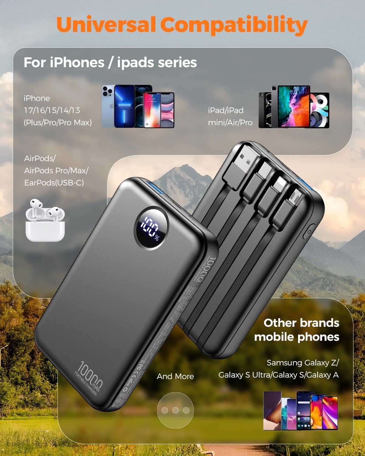 Thumbnail 4 de Portable Charger 10000mAh Power Bank with Built-in Cables and LCD Display