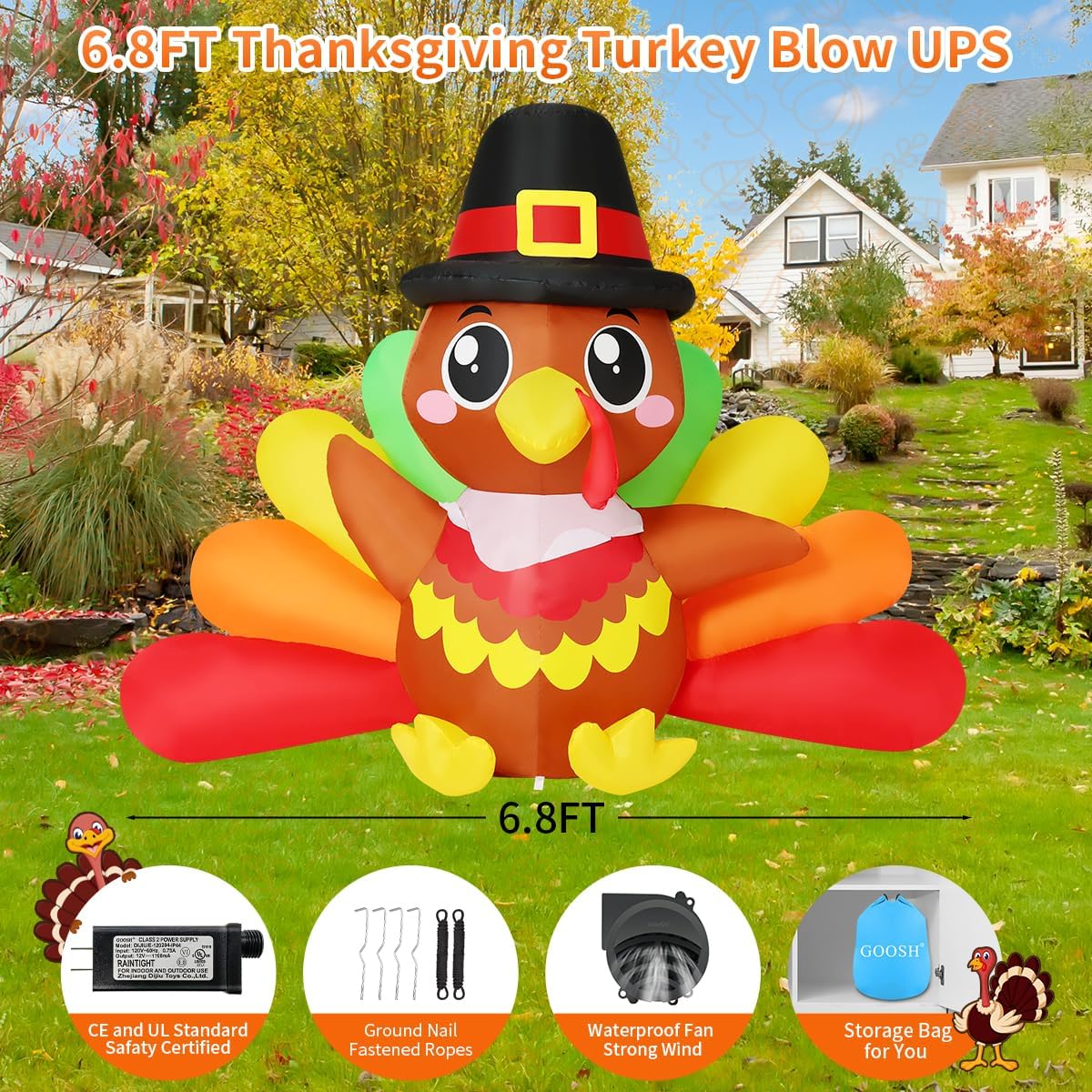 Detalle 2 de GOOSH 7 FT Thanksgiving Inflatable Turkey with Colorful Tail and Built-In LEDs