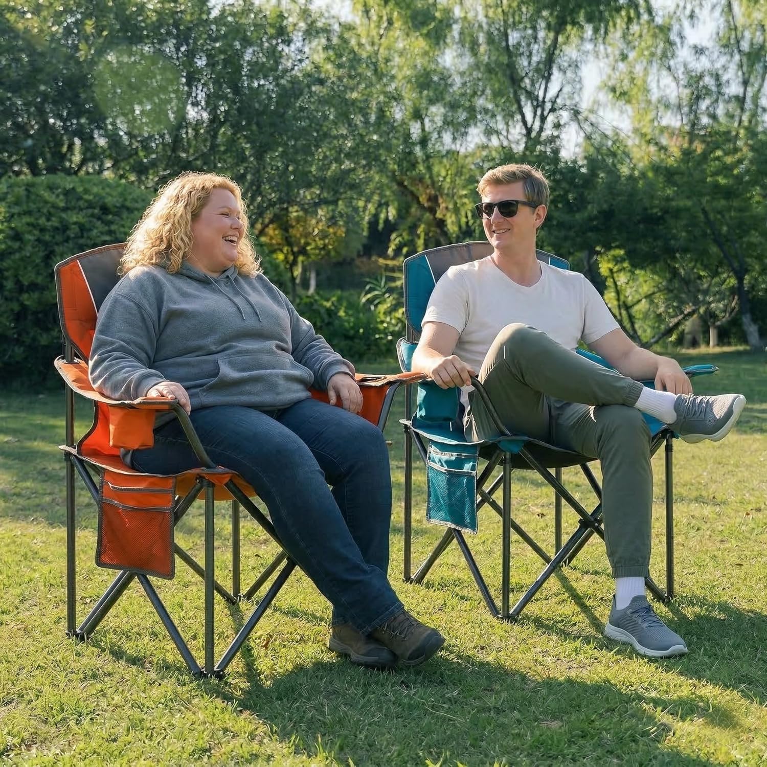 Thumbnail 1 de LANMOUNTAIN 2 Pack Padded Oversized Camping Chairs (Orange & Blue) with Cup Holder, Side Pocket & Cooler Bag