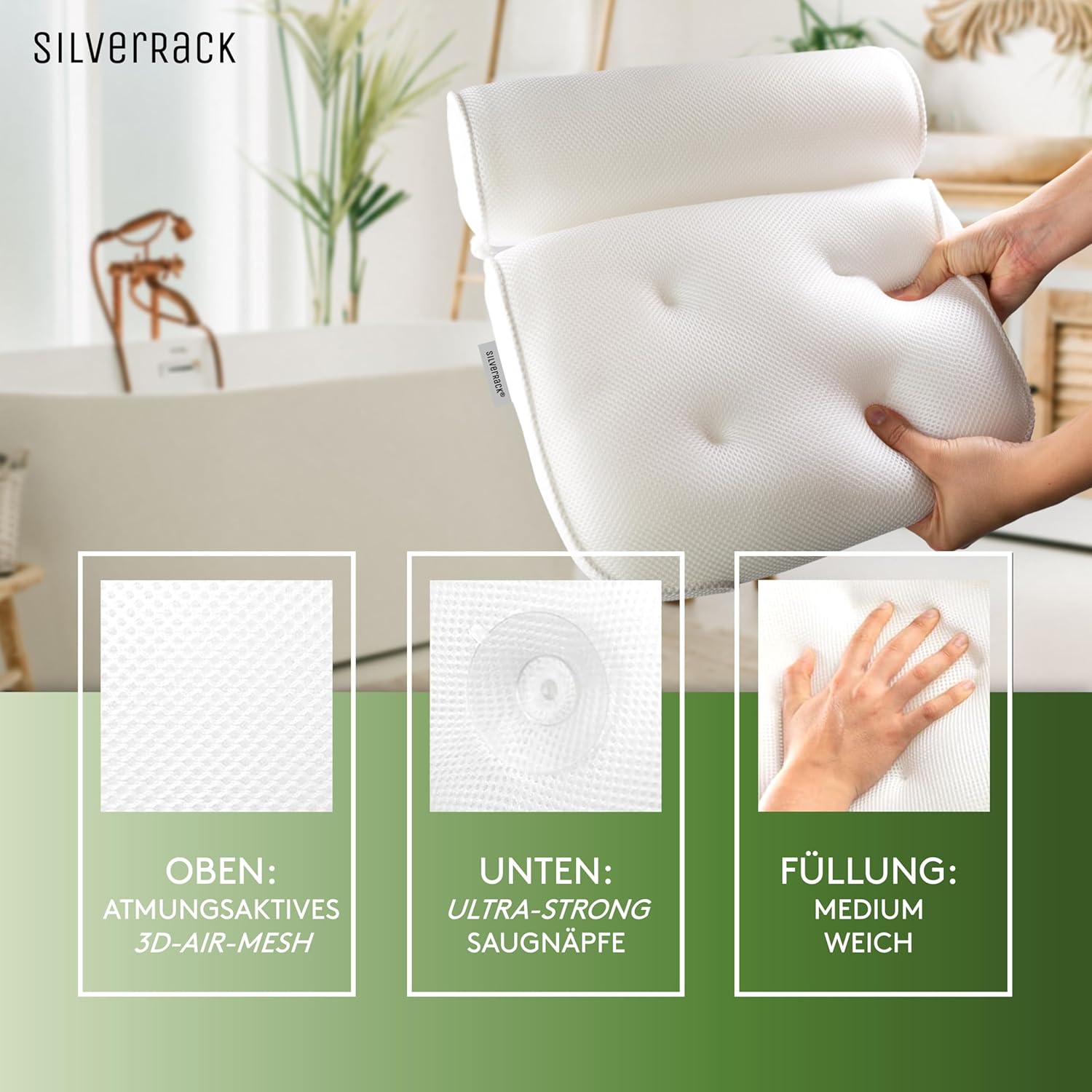 Thumbnail 3 de SilverRack Badewannenkissen MEDIUM-WEICH [Weiß 3D] – Ergonomisches Nackenkissen mit Saugnäpfen für mehr Entspannung in der Wanne