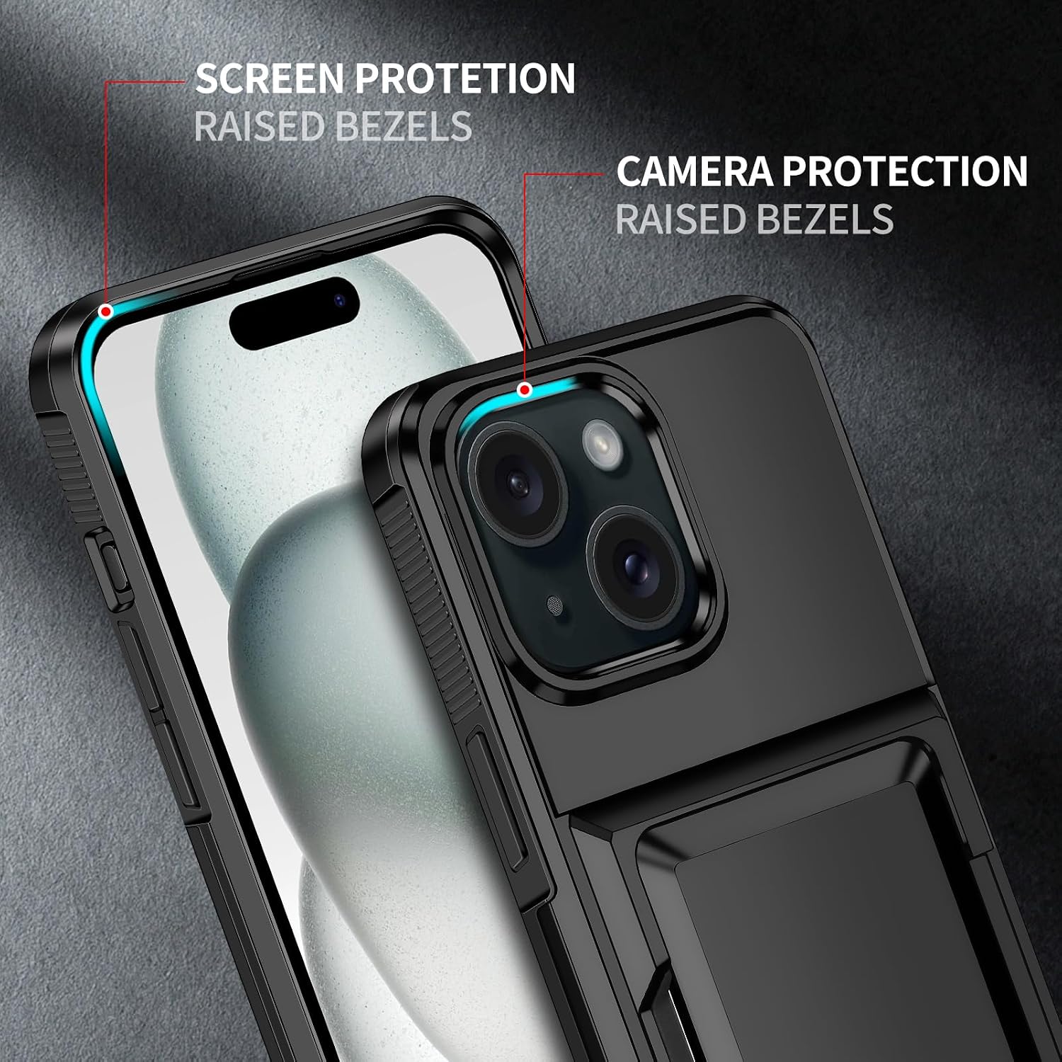 Thumbnail 4 de Aolcev iPhone 15 Case with Card Holder (up to 4 cards) – dual-layer shockproof wallet cover, Black