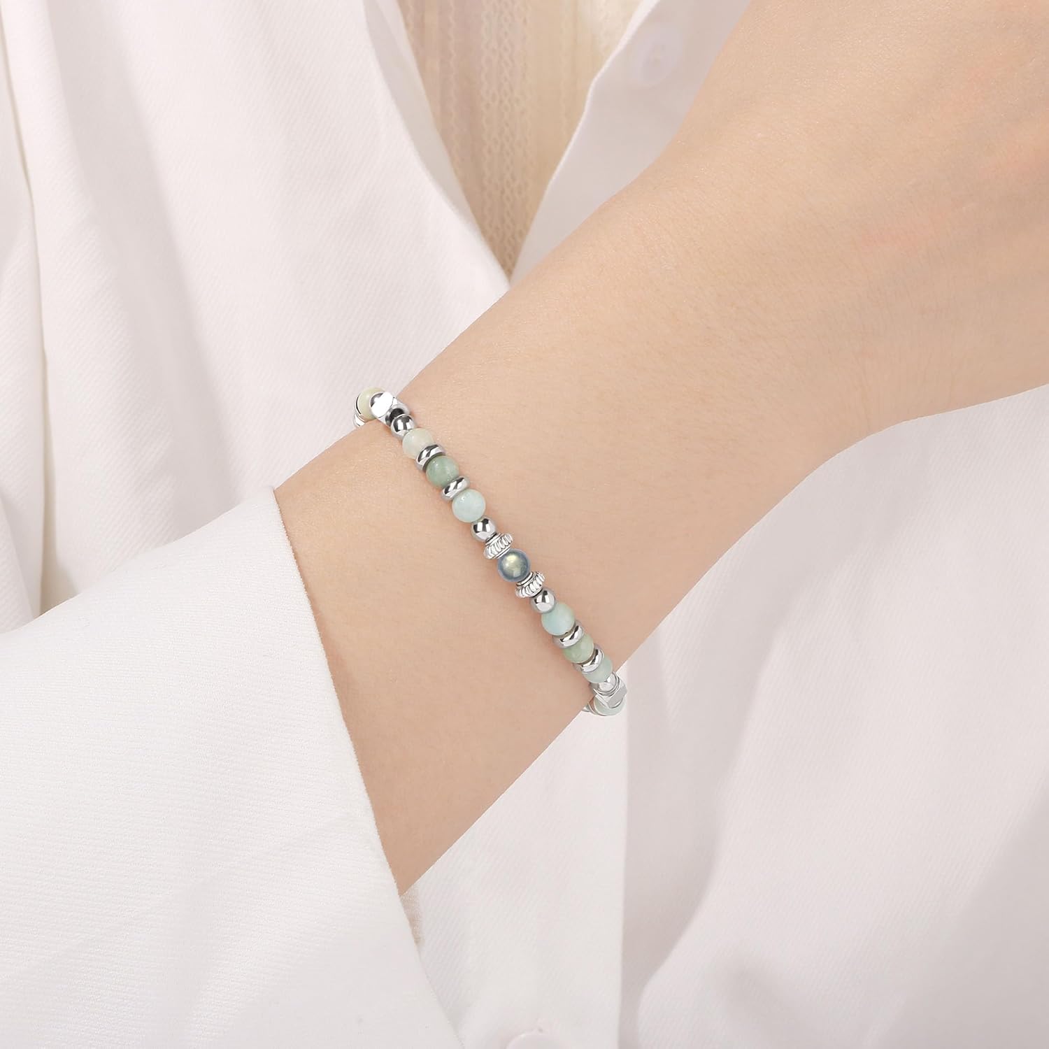 Detalle de Joycuff Gifts for Women Moonstone Bracelet with Amazonite and Stainless Steel Beads