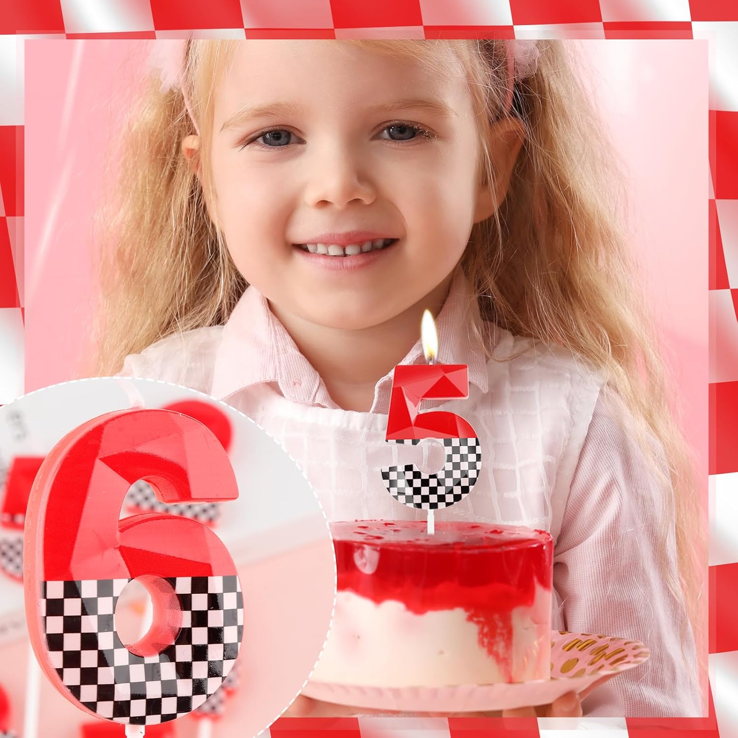 Thumbnail 6 de Hongplus 3D Racing Cars themed birthday candles (includes number 2 candle) – black, white checkered & red cake topper