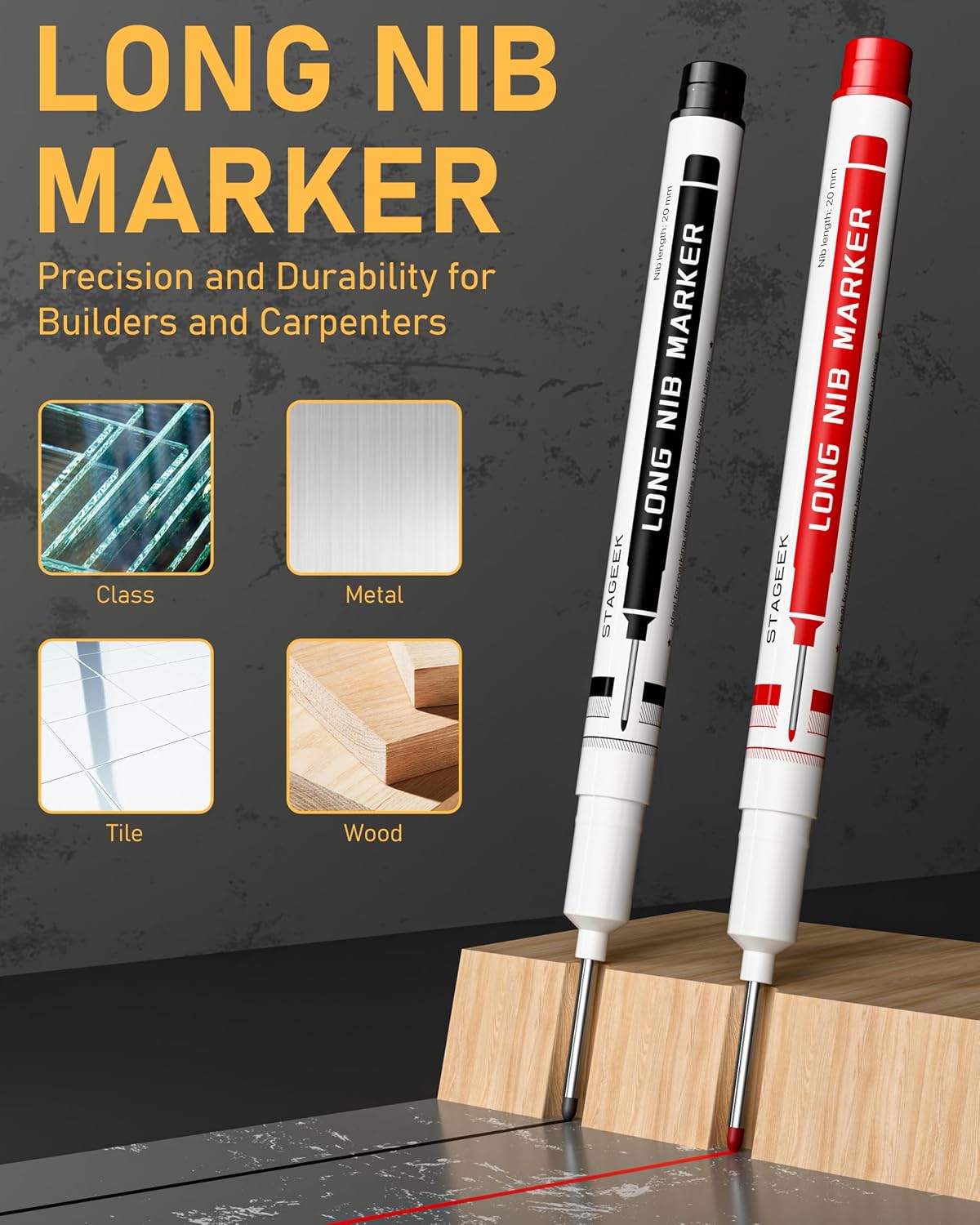 Detalle de STAGEEK Ensemble de crayons de charpentier avec taille-crayon, recharges, outil de traçage en carbure et gomme 4B