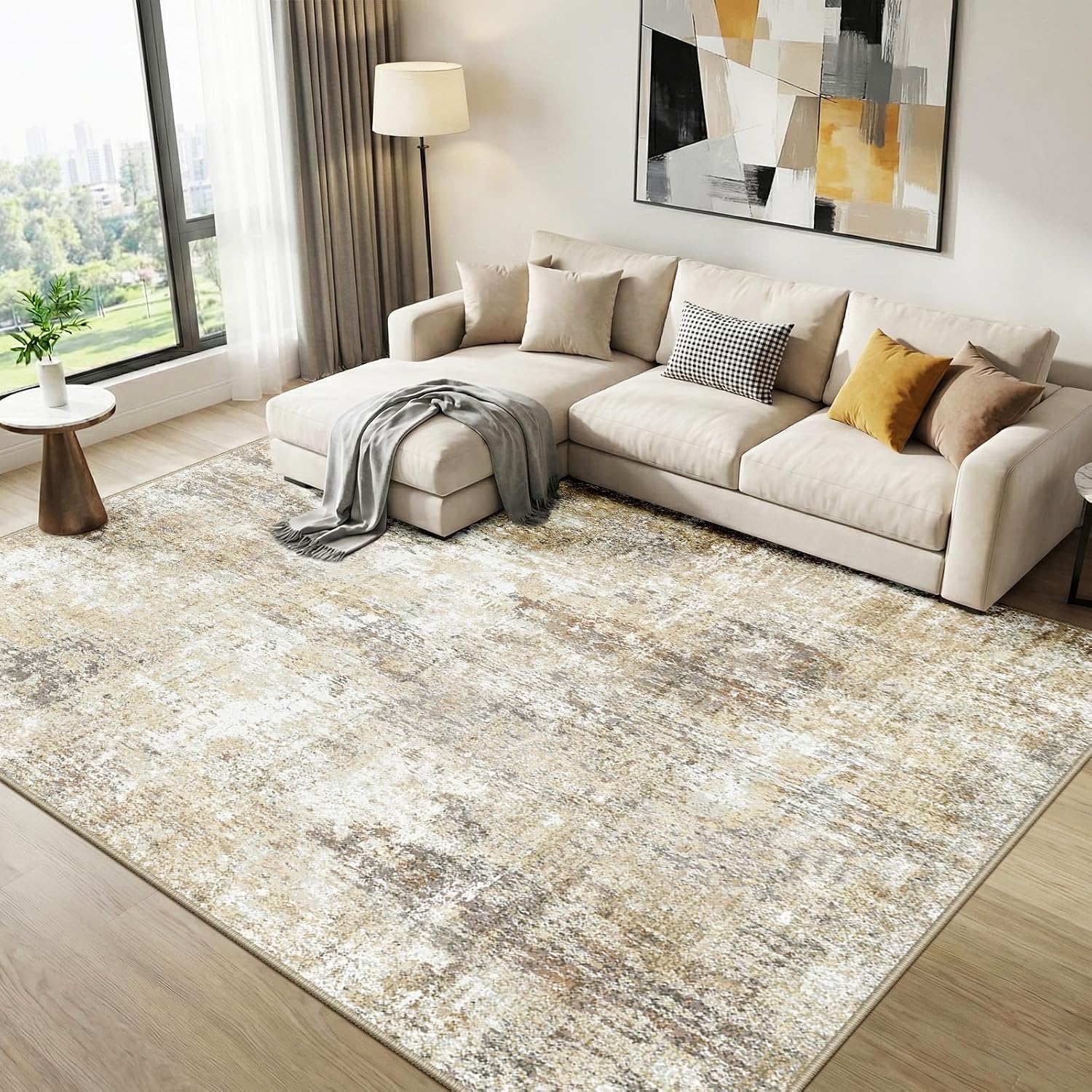 Detalle de DEFYNEE Wohnzimmerteppich 150 x 210 cm – rutschfester Kurzflorteppich mit abstraktem Design, waschbar