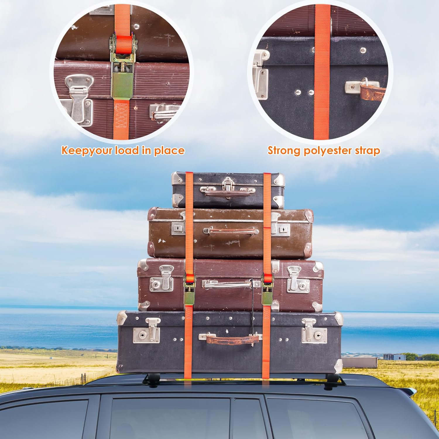 Thumbnail 5 de Lot de 10 sangles à cliquet en polyester 800 kg (6 m x 25 mm) orange, tendeur compatible CE