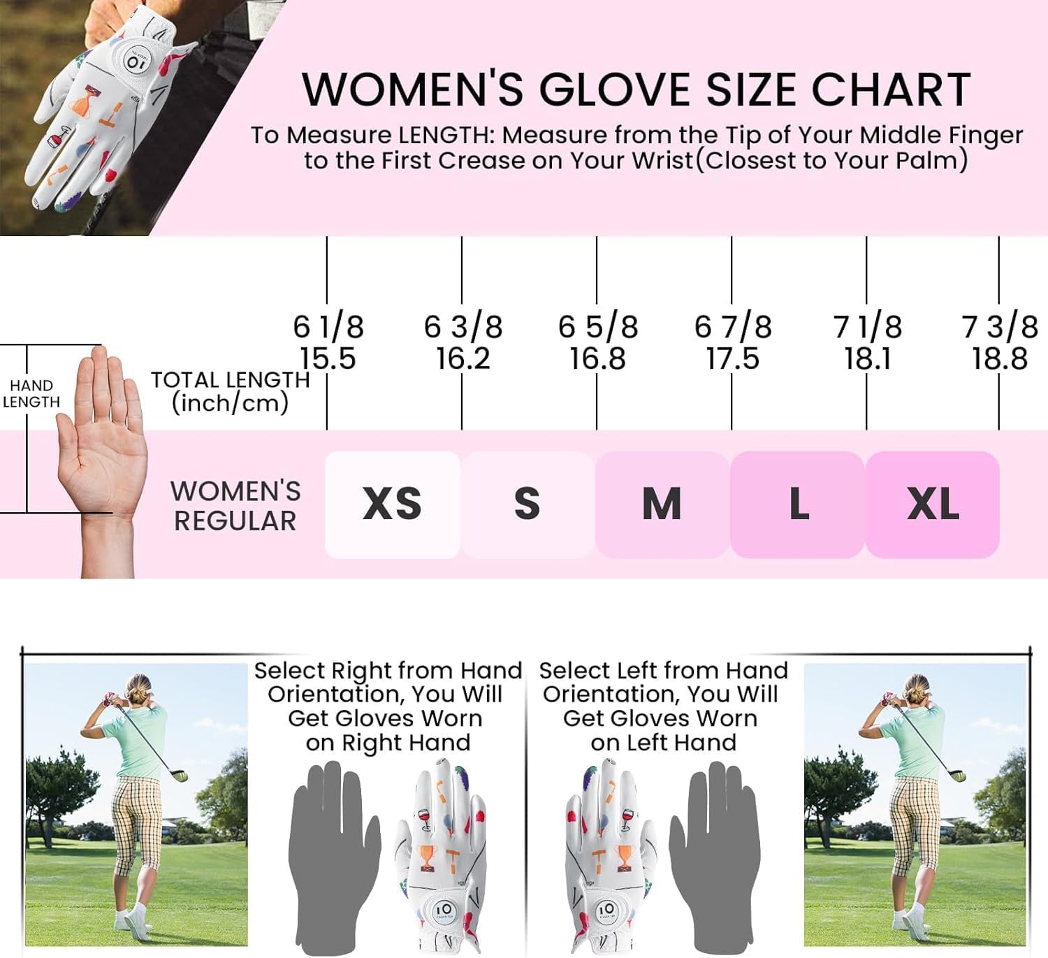 Detalle 2 de FINGER TEN Colorful Women's Golf Glove, Large, Full-Golf Party, Right Hand