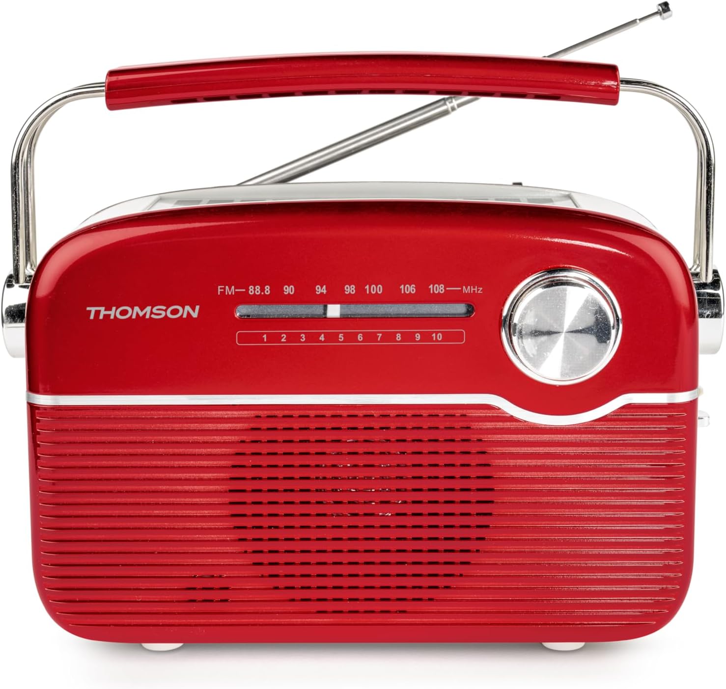 Detalle 2 de Radio FM Thomson rechargeable Bluetooth 5.4 avec antenne rétractable et entrée auxiliaire 3,5 mm (rouge)