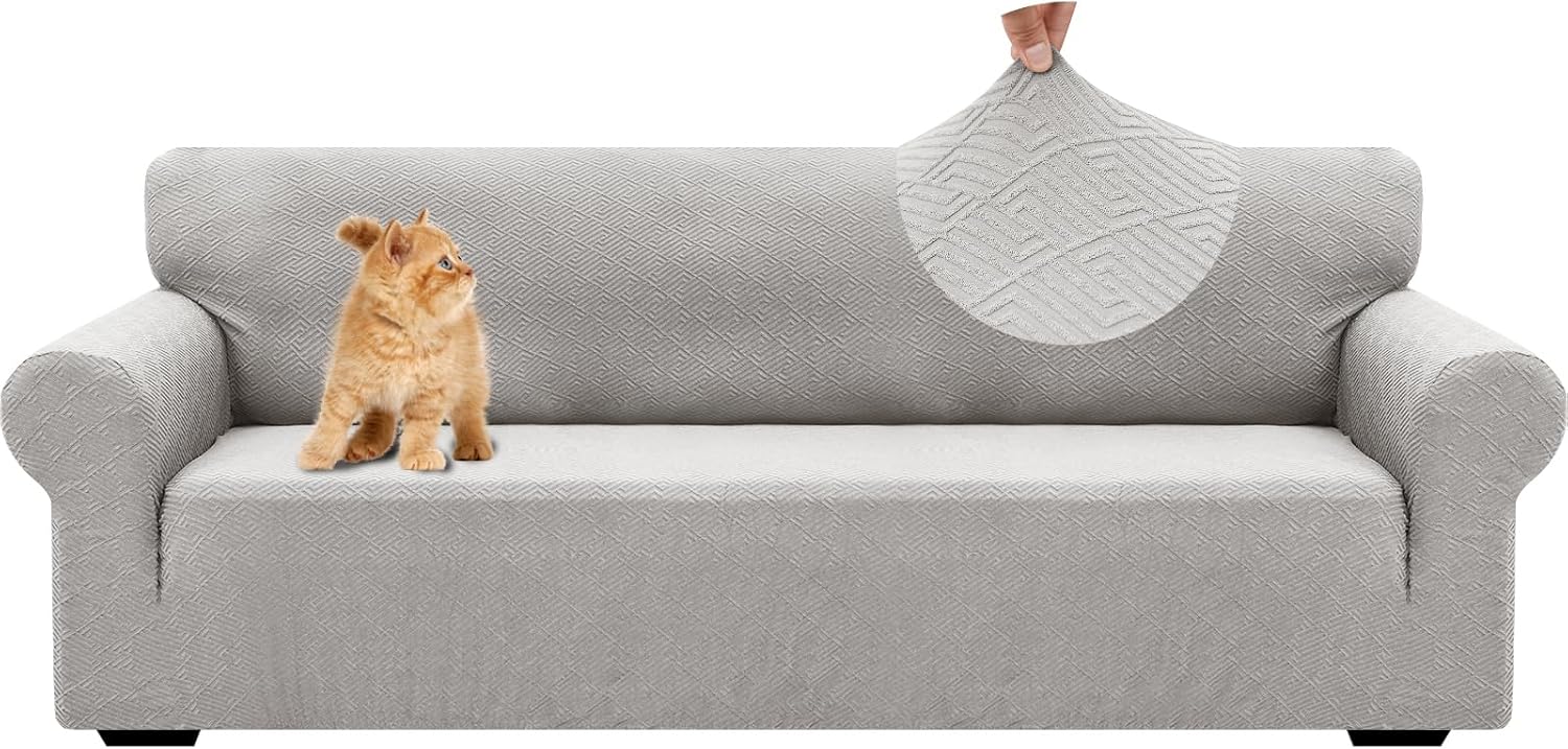 YSTELLAA Copridivano 4 posti con braccioli elasticizzato jacquard grigio silver