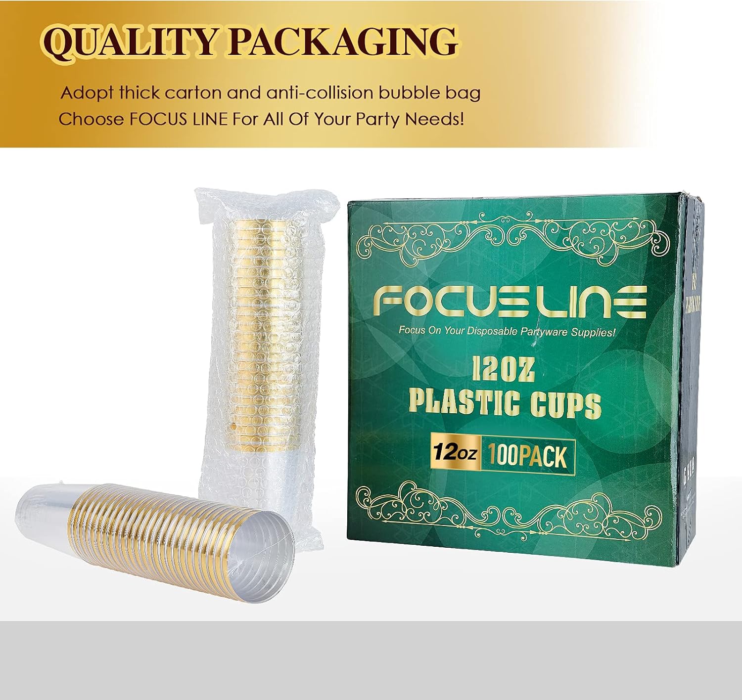 Detalle de FOCUSLINE 12 oz Gold Rimmed Plastic Cups – 100 Pack