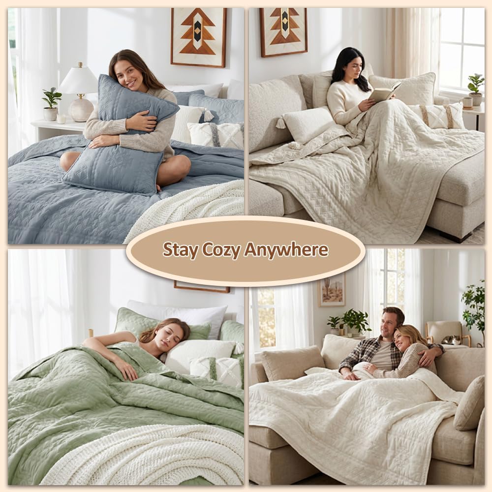 Detalle de WDCOZY Beige Boho Quilt King Size Bedding Set (3 Pieces) with 2 Pillow Shams