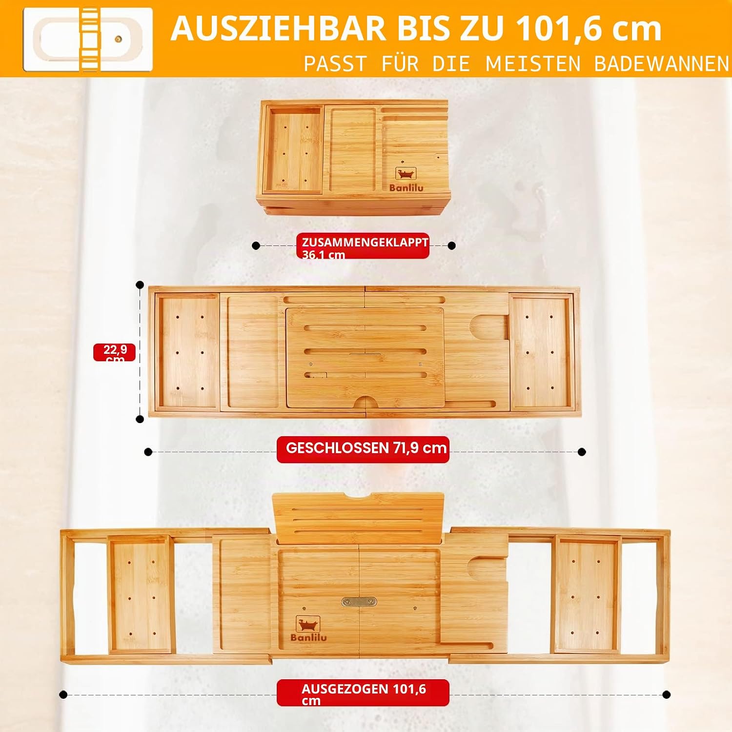 Detalle de Ausziehbare Badewannenablage Bambus 72–102 cm