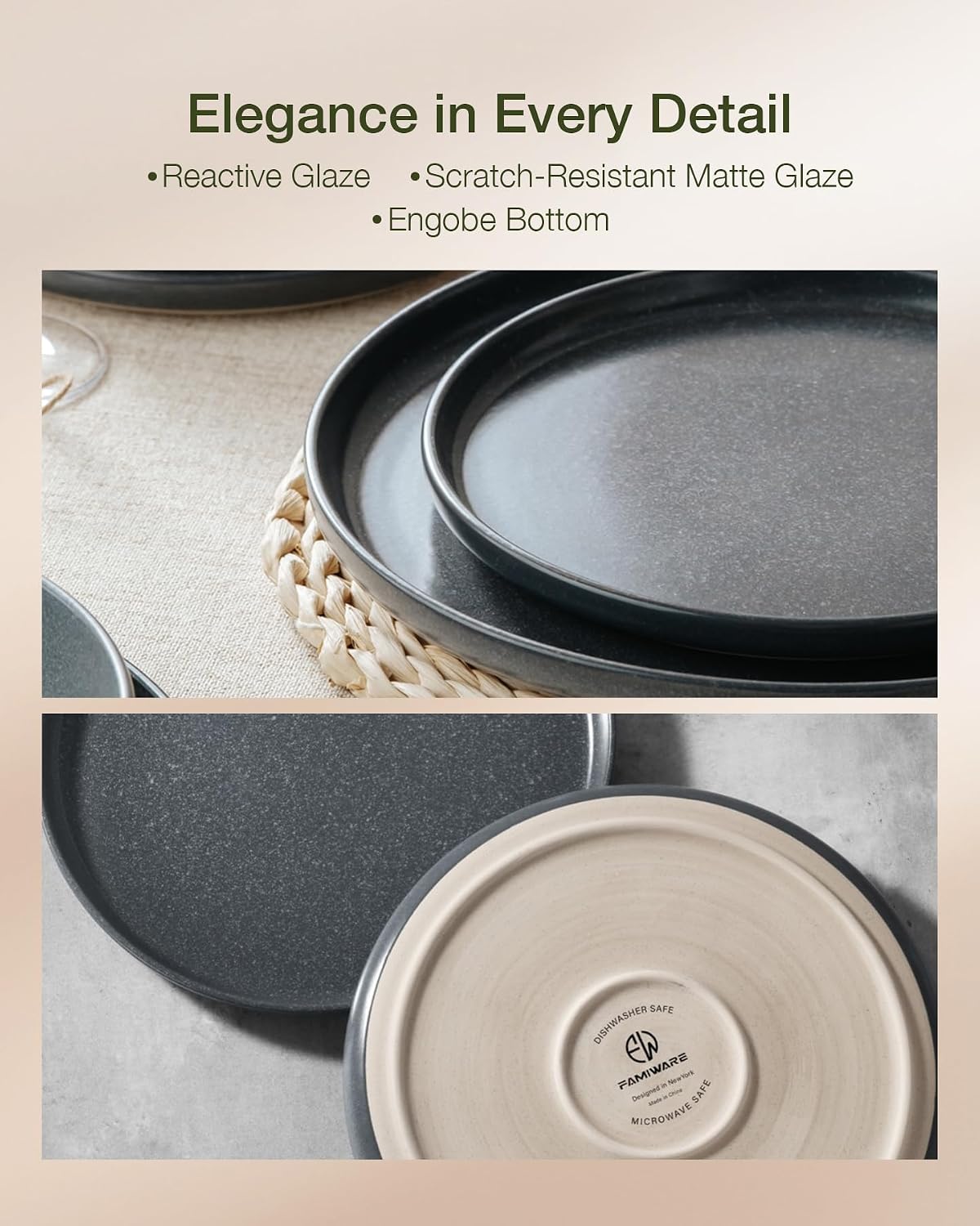 Detalle 2 de Famiware Milkyway Stoneware Dinnerware Set (Service for 4) in Matte Dark Charcoal