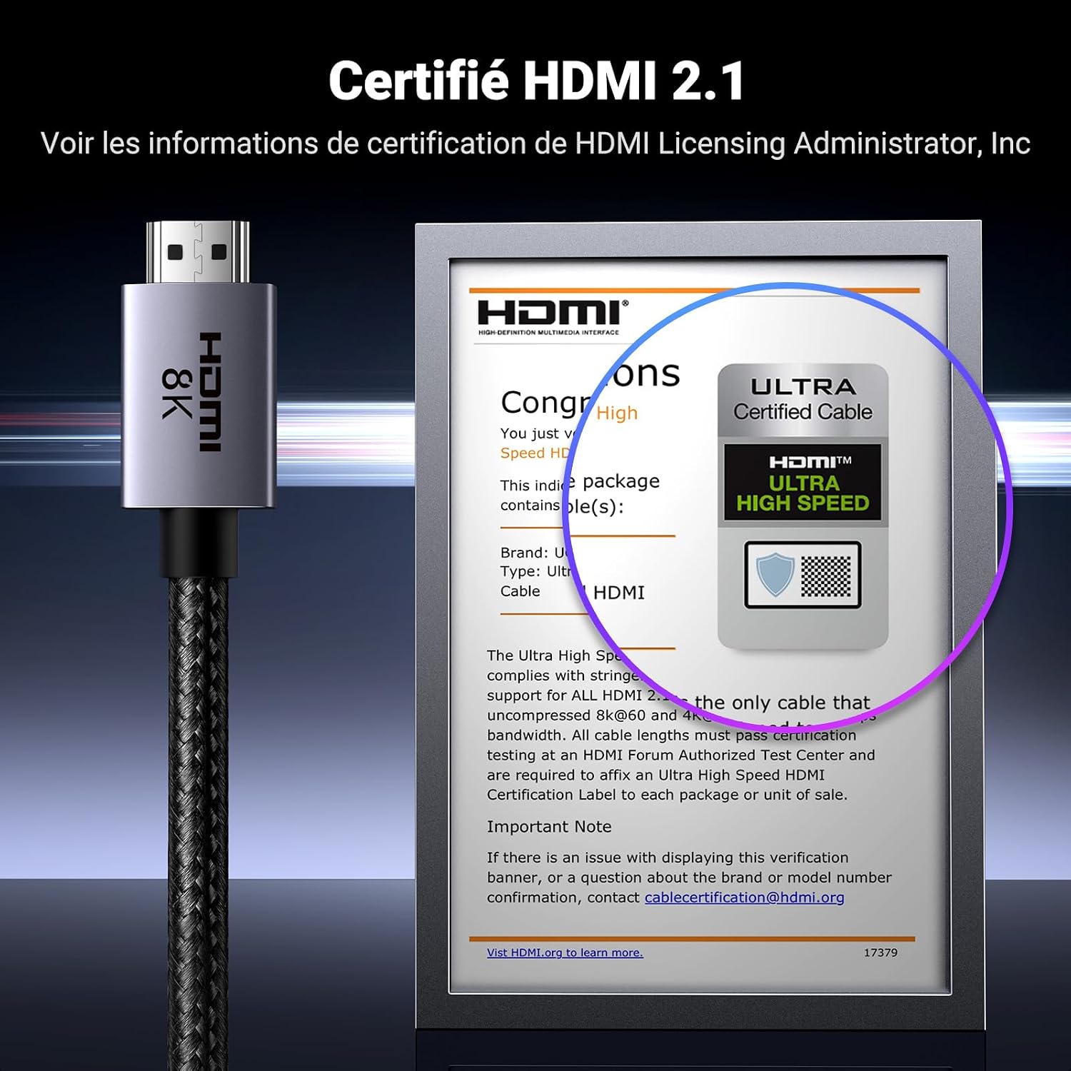 Detalle 2 de UGREEN HDMI 2.1 câble 3 m 48 Gbps pour TV