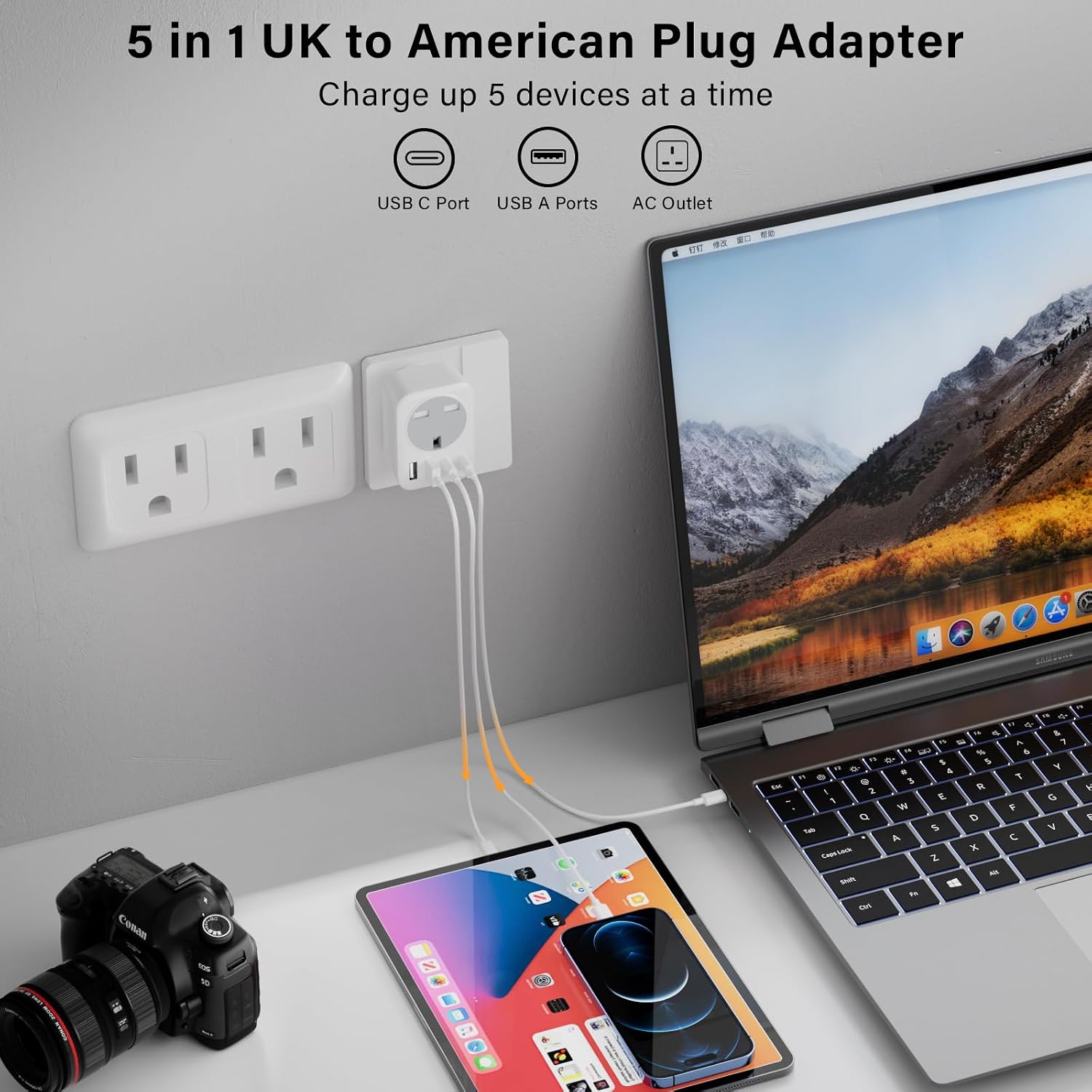 Detalle 2 de UK to USA Plug Adapter 5‑in‑1 with 2 USB & 2 USB‑C 🔌