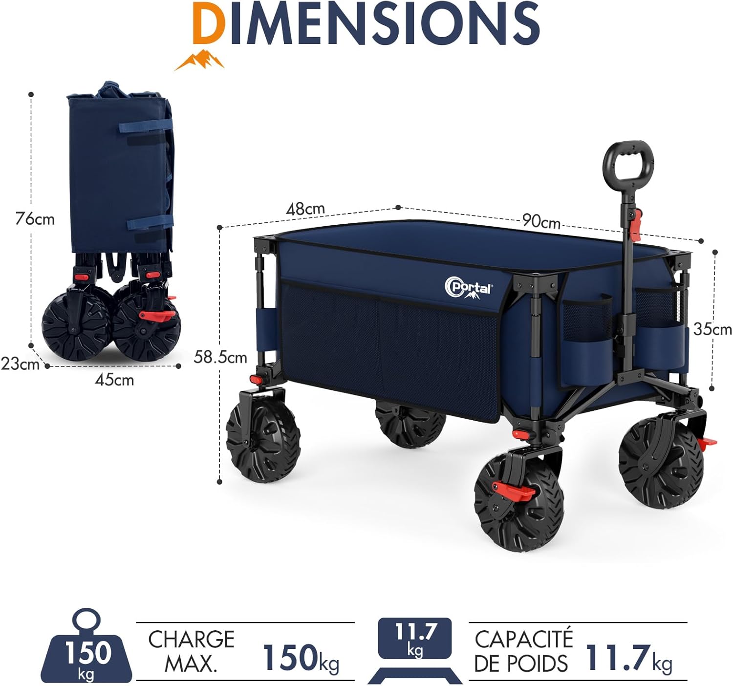 Thumbnail 6 de PORTAL Chariot de Plage Pliable avec Frein — Chariot Tout Terrain à Roues Amovibles 20 cm