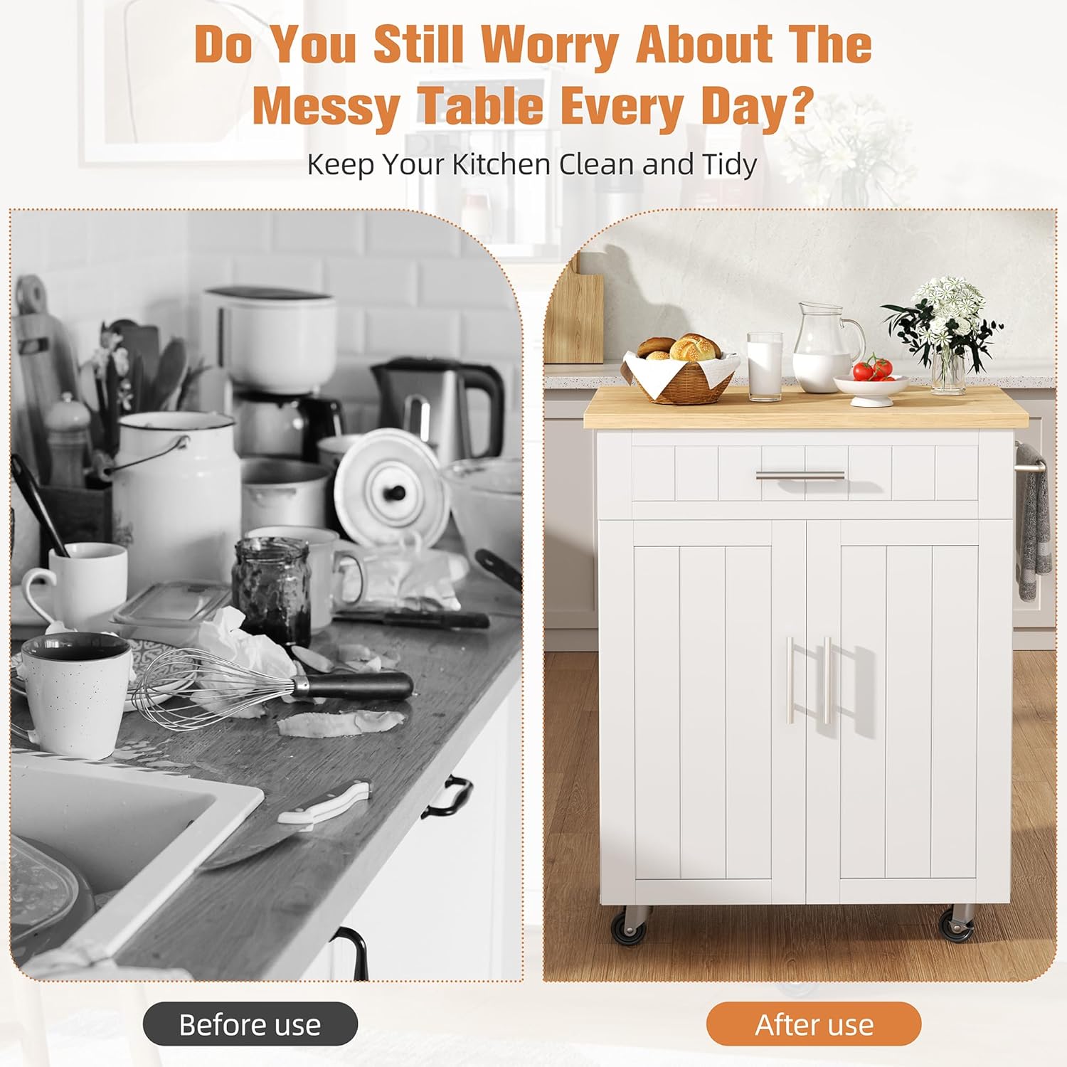 Detalle 2 de Shintenchi DT828 Rolling Kitchen Island Cart, White, with Cabinet and Drawer