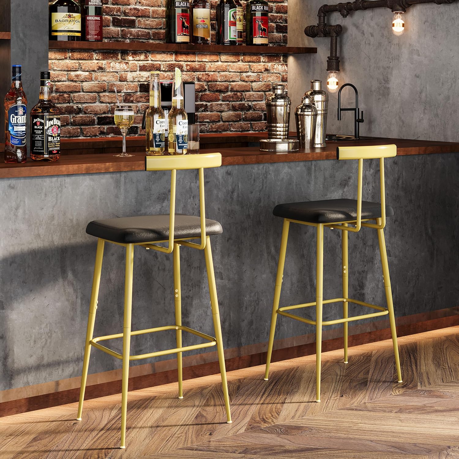Detalle de YAUKTAK Sgabelli Bar Set di 2 - Design moderno con poggiapiedi e schienale in PU, rivestimento nero/oro/dorato