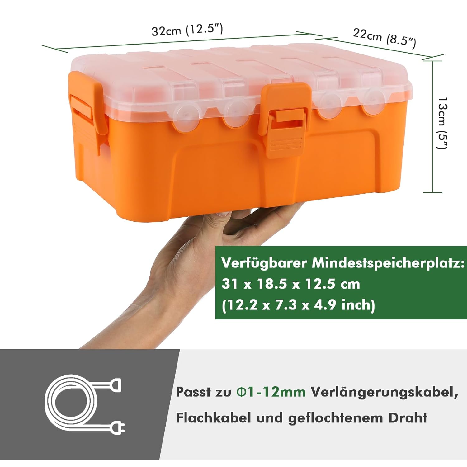 Thumbnail 2 de RESTMO Extra große wasserdichte Kabelbox (IP54) mit transparentem Deckel, 32 x 22 x 13 cm, orange