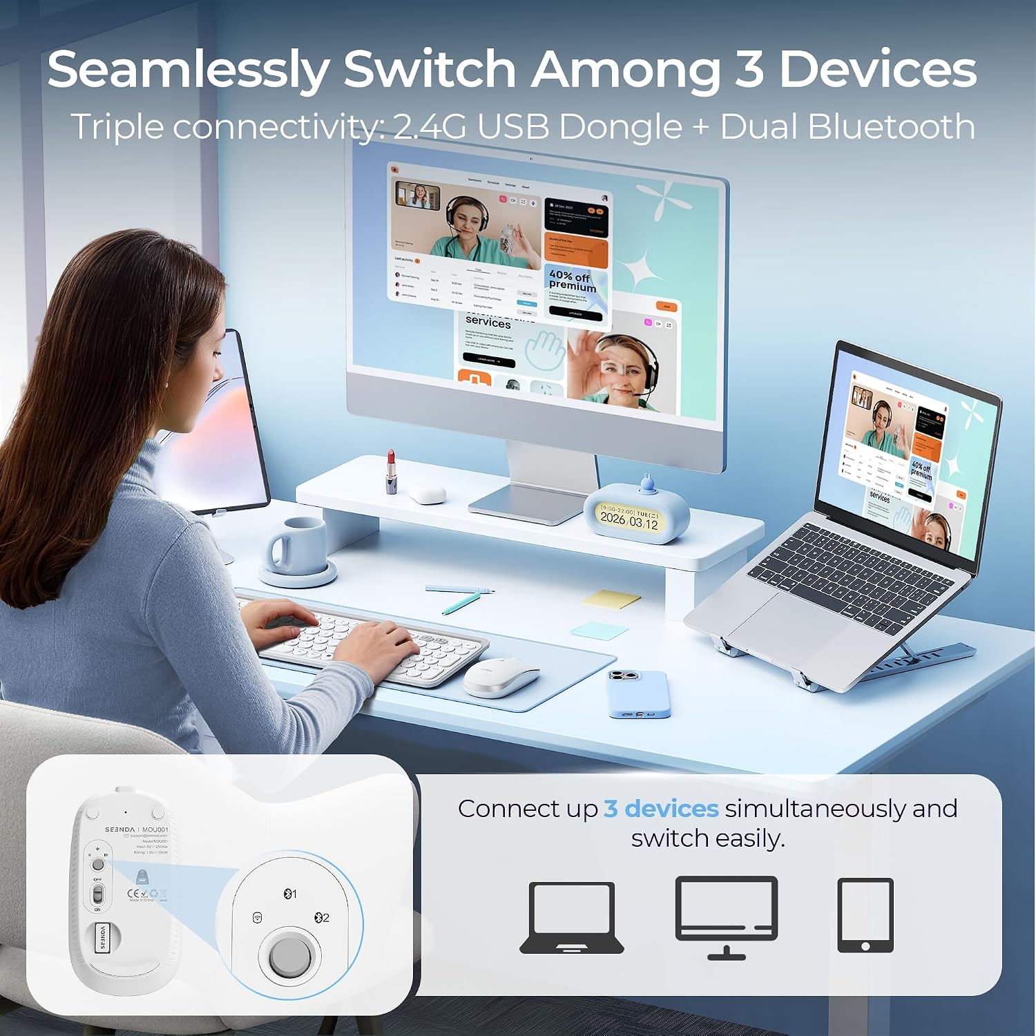 Detalle 2 de Seenda MOU001 Wireless Bluetooth Mouse: Multi-Device, Rechargeable and Quiet