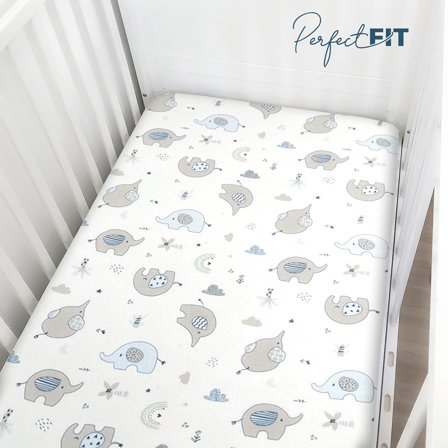 Thumbnail 4 de 100% Pure Jersey Cotton Baby Cot Sheets 120x60 Fitted – 3 Pack with Waterproof Pad (Gray/Blue Elephant)