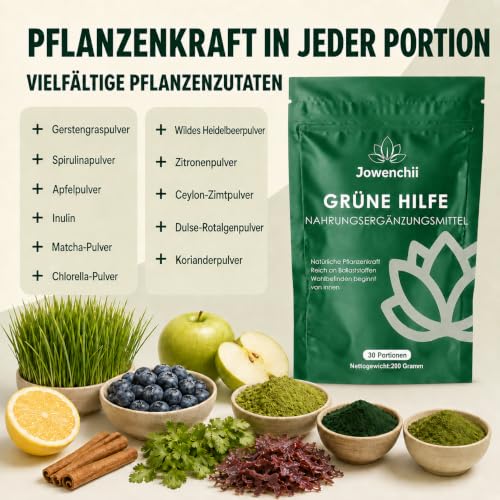Detalle de Grüne Entgiftungspulver, 200g von Jowenchii – veganes Superfood-Pulver mit Matcha, Gerstengras, Spirulina & Wildheidelbeere