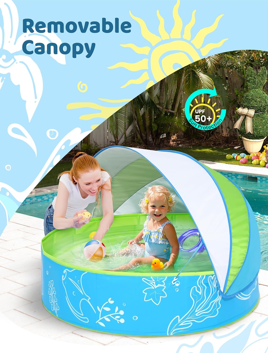 Thumbnail 1 de Hikiddy Planschbecken mit Schatten 120 cm – Pop-Up Pool mit Dach, Grün-Blau (Größe 120 cm)