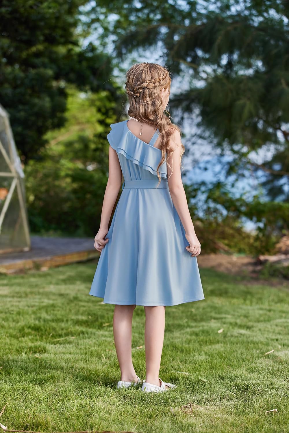 Thumbnail 4 de Robe fille une épaule Arshiner avec col à volants et ceinture ajustable, été de fête (5 à 13 ans)