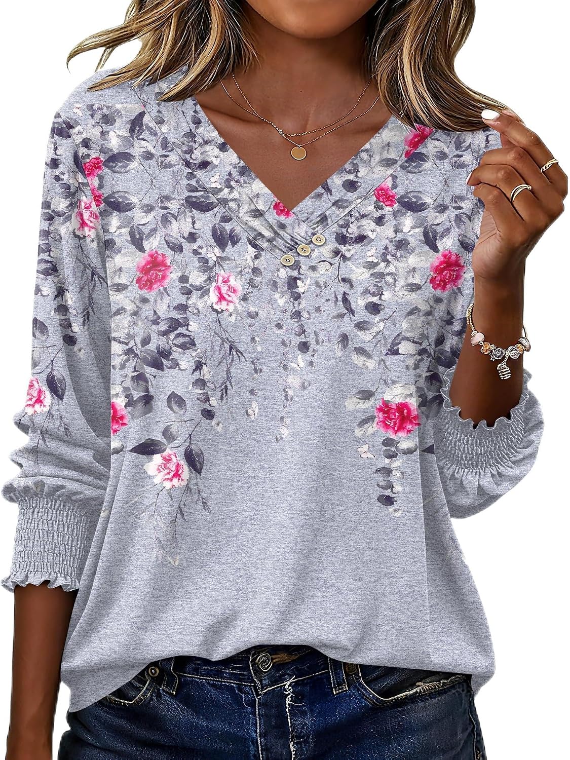 Detalle de Rapbin Damen Bluse mit 3/4-Ärmeln, V-Ausschnitt und Knopfleiste – leichte Tunika für Sommer & Alltag
