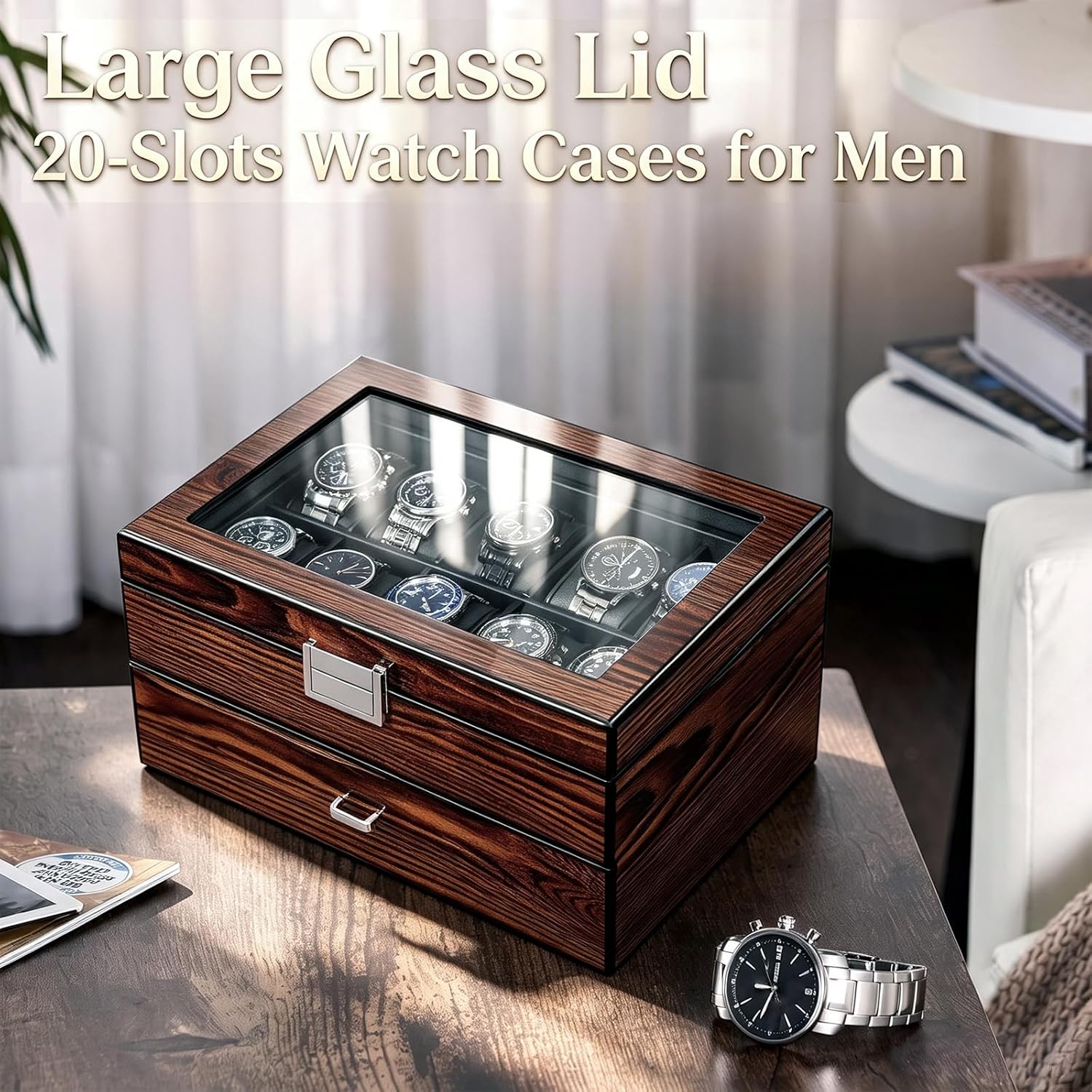 Detalle 2 de BEWISHOME High-End Watch Box 20-Slot: Wooden Case with Large Glass Lid
