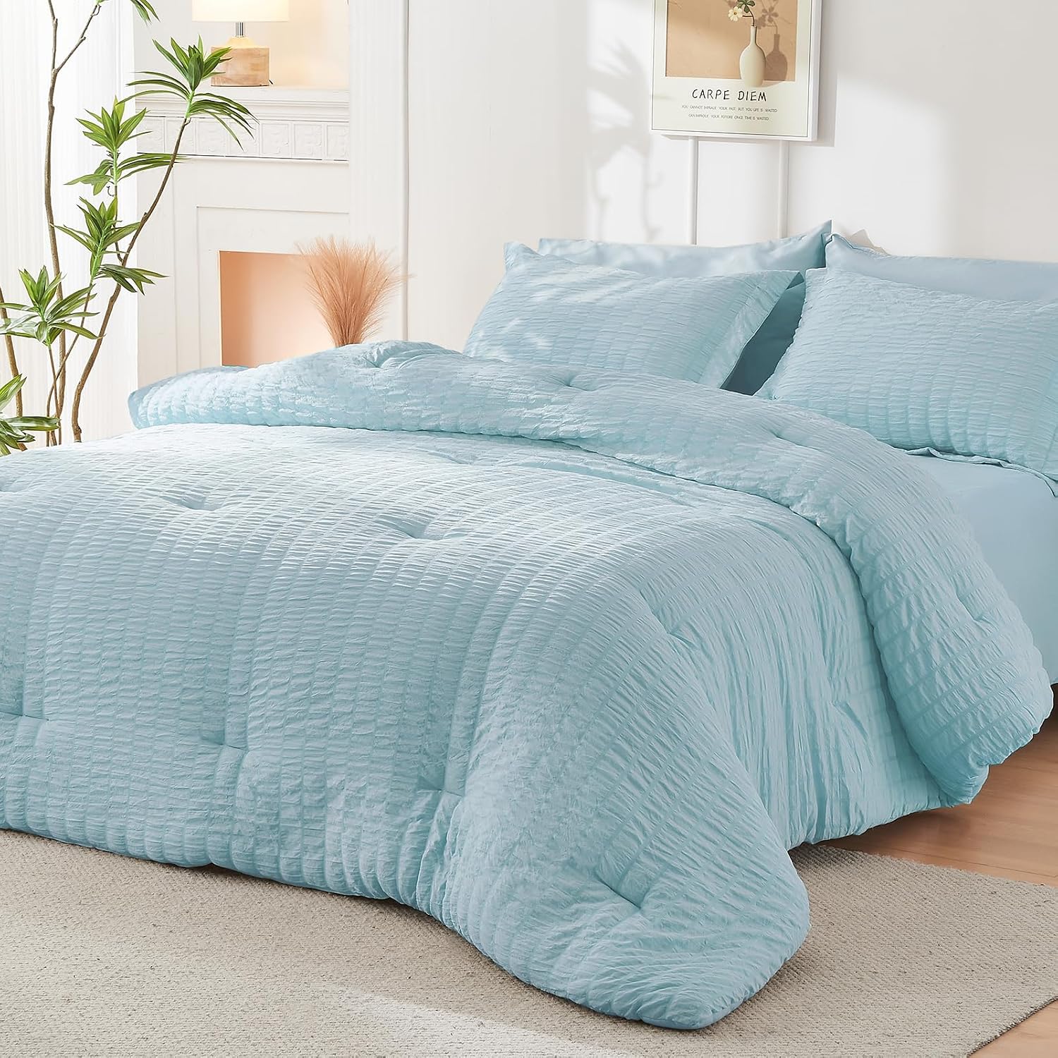Thumbnail 6 de HYMOKEGE Lake Blue King Seersucker Comforter Set, 7-Piece Bed in a Bag