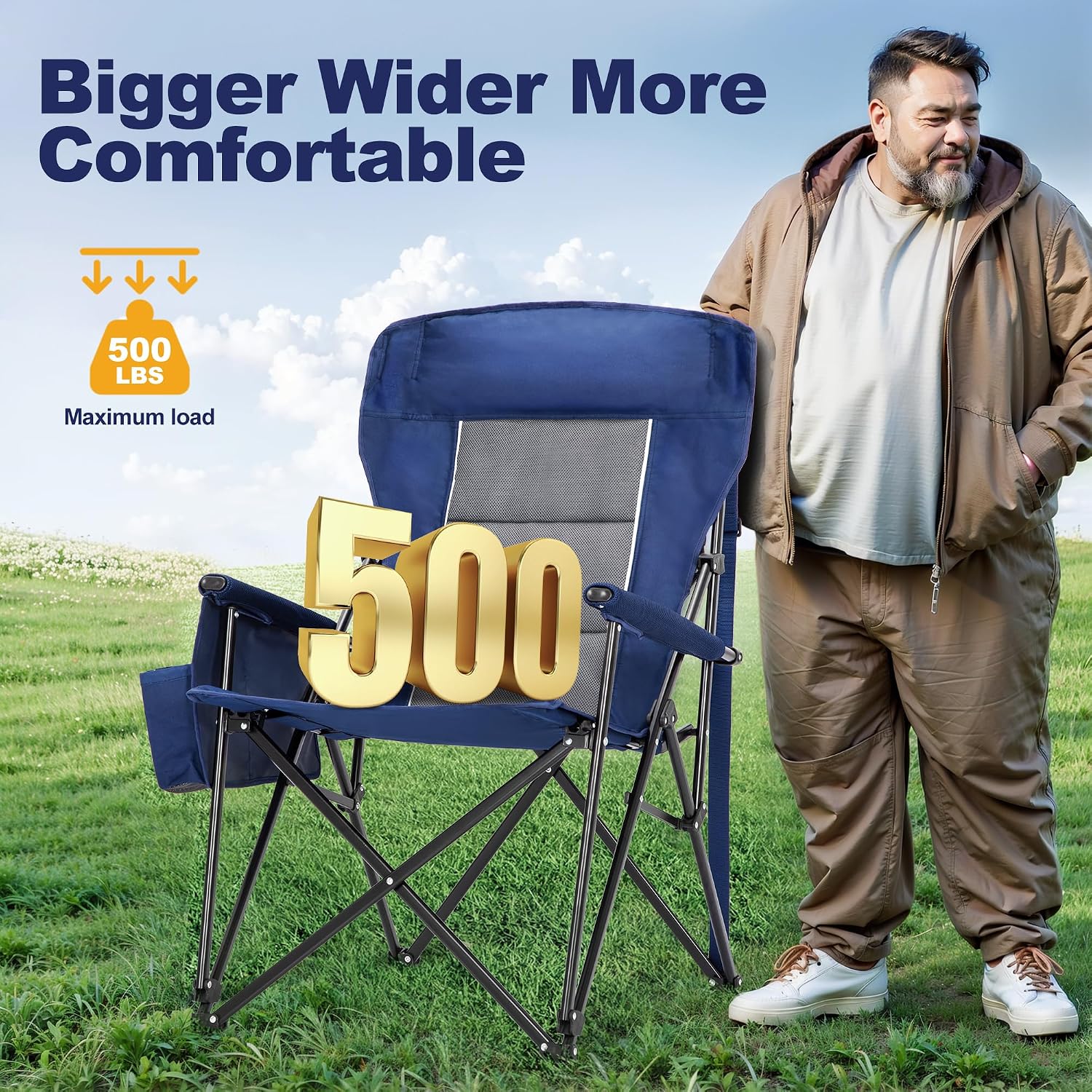 Detalle de LET'S CAMP Oversized Camping Chairs (2-Pack) 29.52" High Back, Heavy-Duty 500LBS Support with Cup Holder
