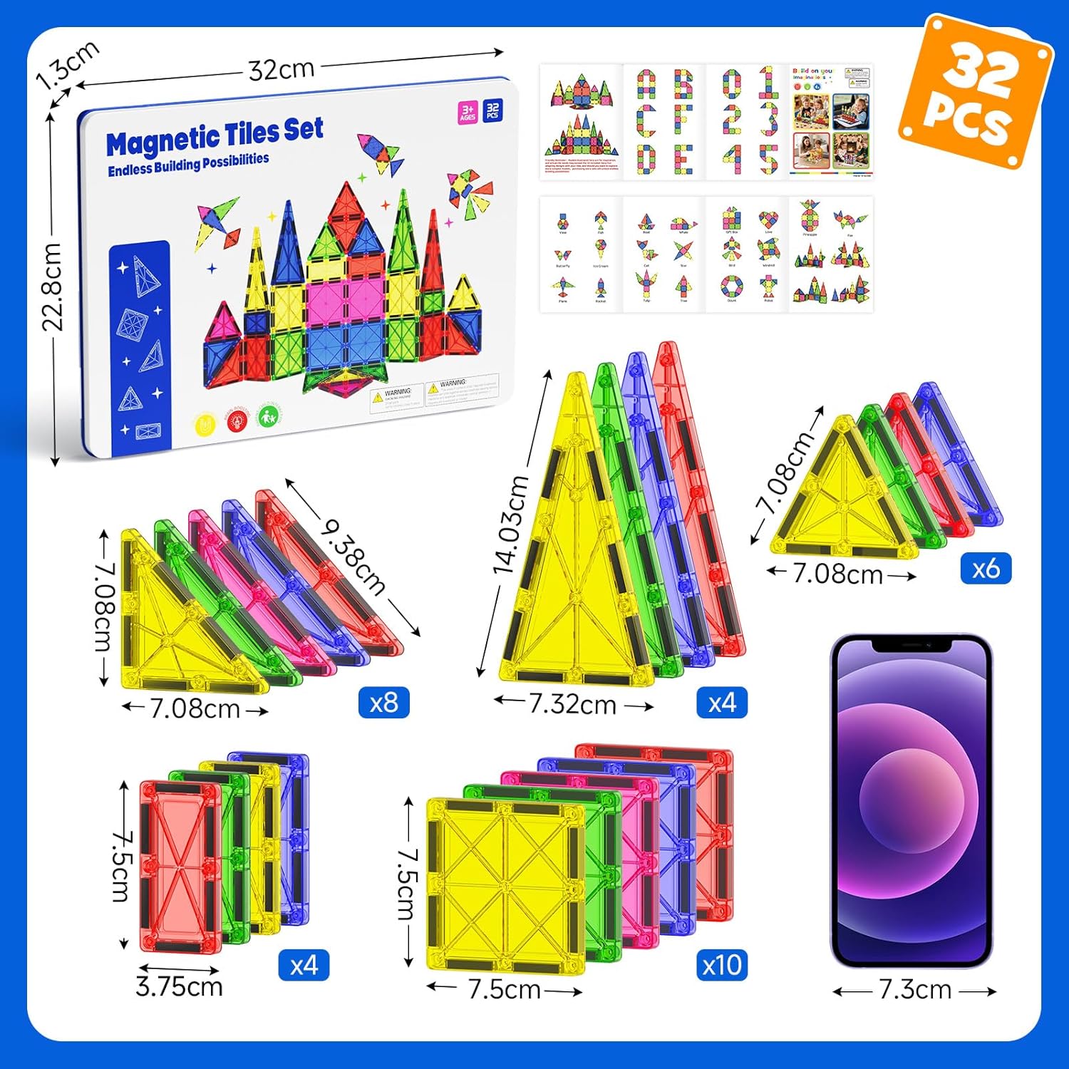 Thumbnail 5 de iburge Magnetische Bausteine Fliesen-Set (32 Stück, 7,5 cm) mit Metallkasten für Kinder ab 3 Jahren