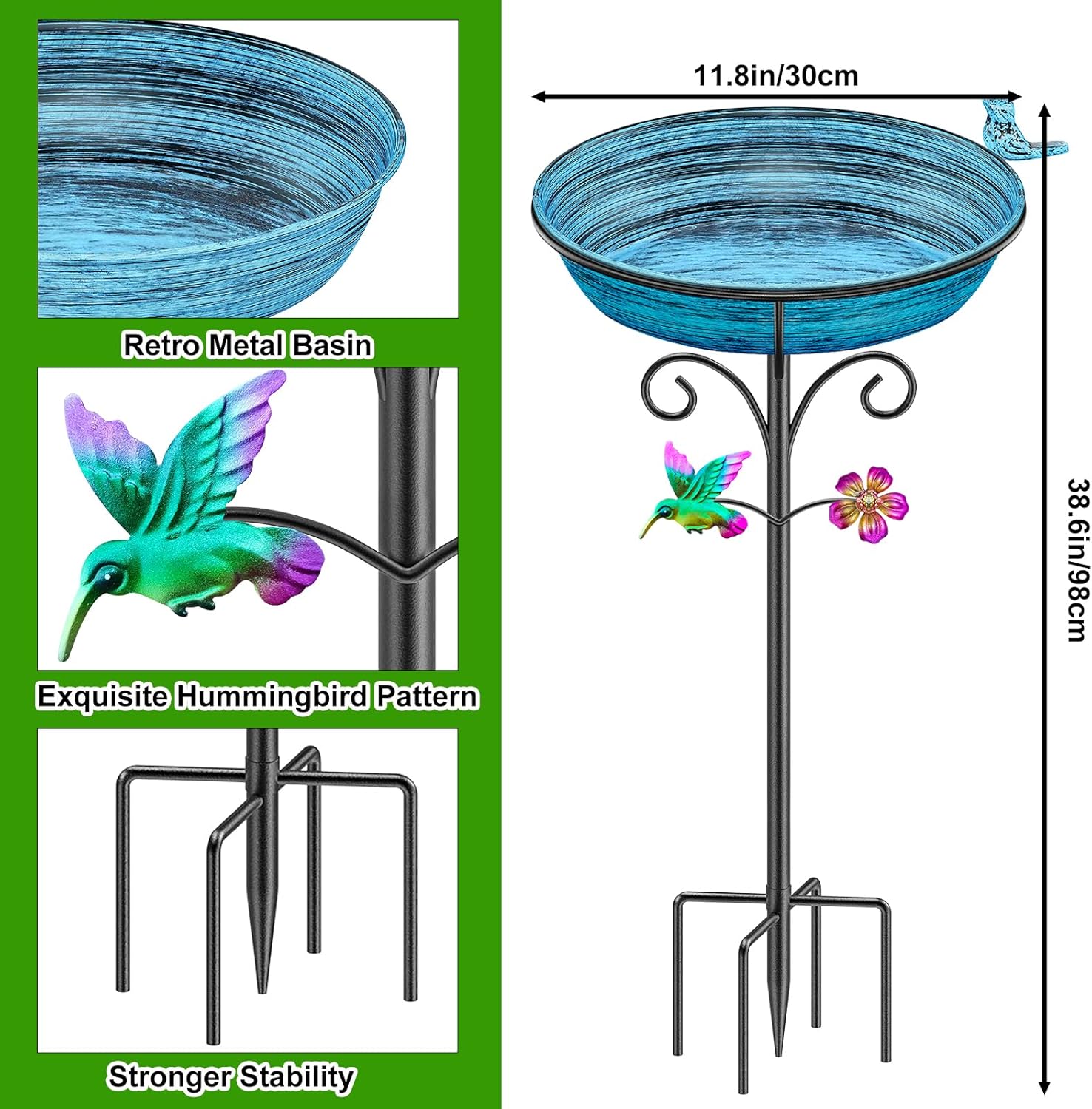 Detalle de VeyFolzin.st Vintage Metal Bird Bath — Freestanding Garden Bowl in Vintage Blue