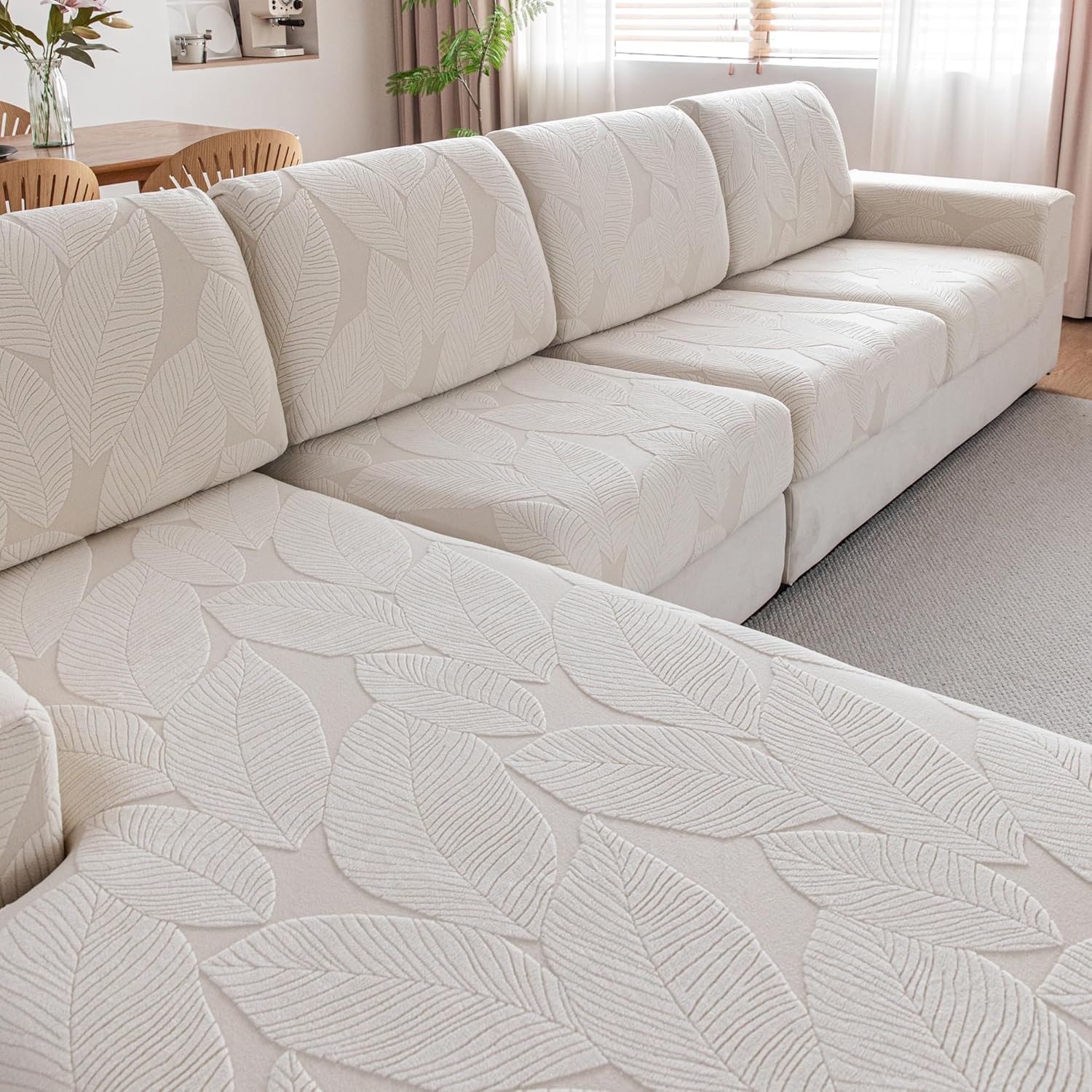 OHSIO Sofa Überzug – universeller elastischer Sofabezug für Sitzkissen, rutschfest & waschbar (Elfenbein/Blattmuster)