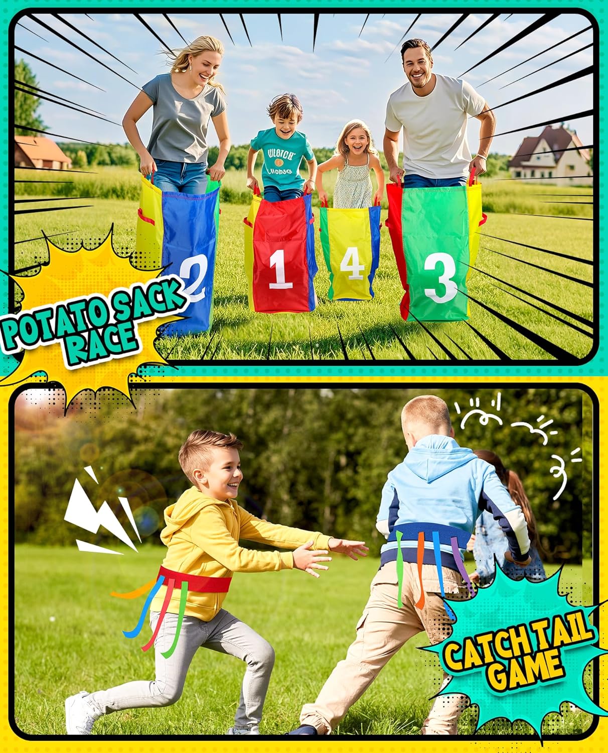 Thumbnail 1 de Eocolz Outdoor Carnival Games set for Easter, birthdays and field days – potato sack bags, 3-legged race bands, egg & spoon and catch-tail belts