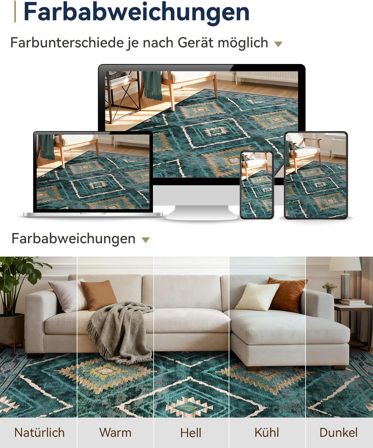 Detalle de Tapis de salon lavable en machine DEFYNEE 180 x 270 cm style marocain, bleu canard