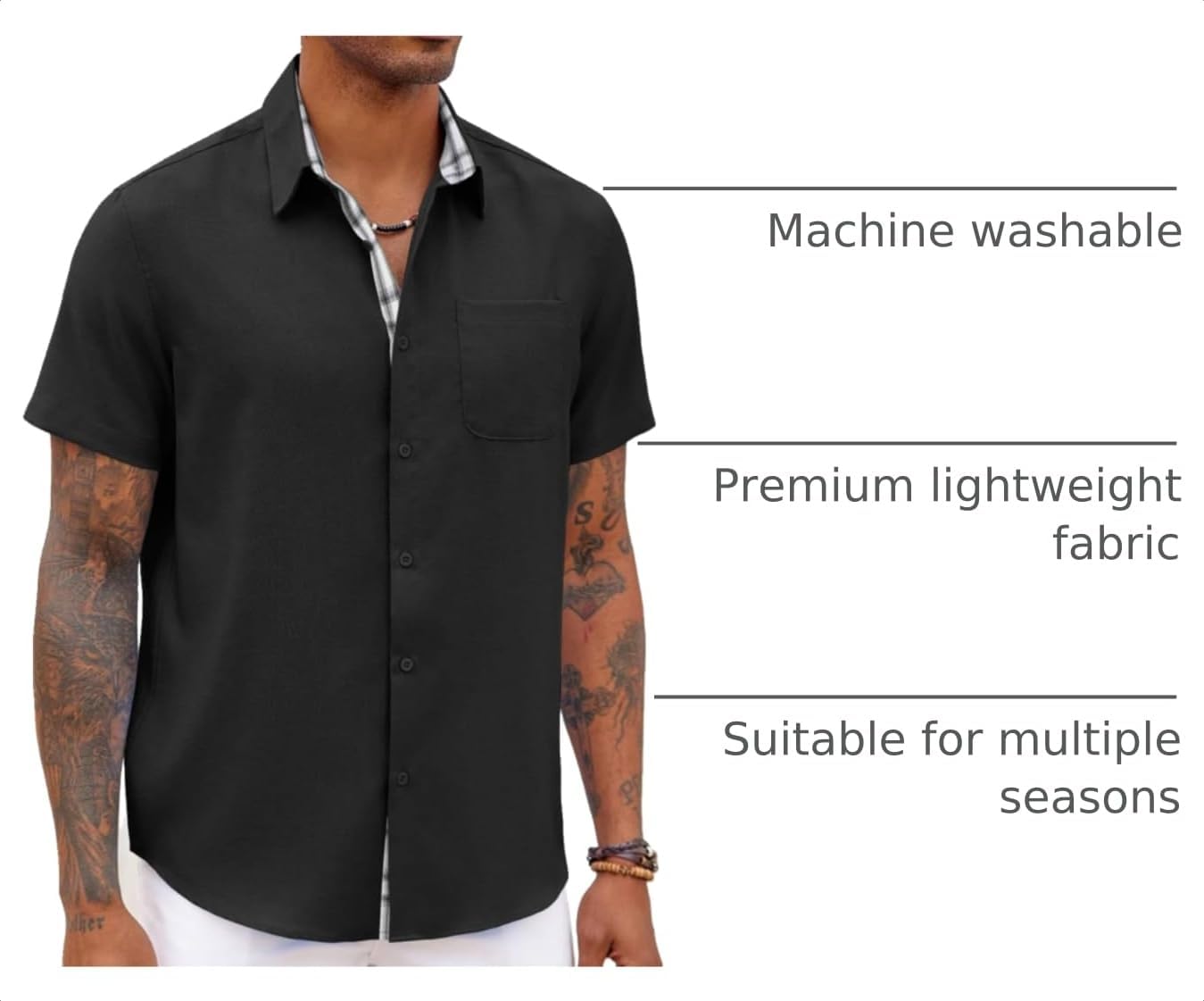 Detalle 2 de COOFANDY Men’s Short-Sleeve Button-Down Shirt with Chest Pocket (Plaid Beach/Holiday Style)