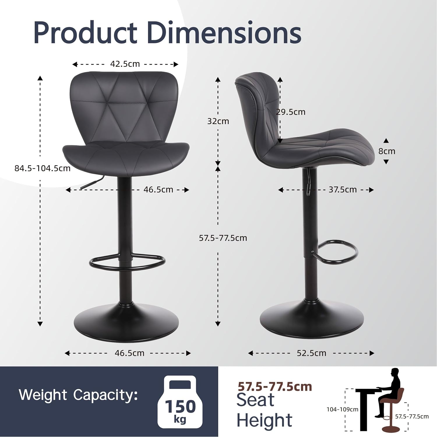Detalle 2 de Flysky FS-6041BBK Height-Adjustable Swivel Bar Stool, Black Faux Leather