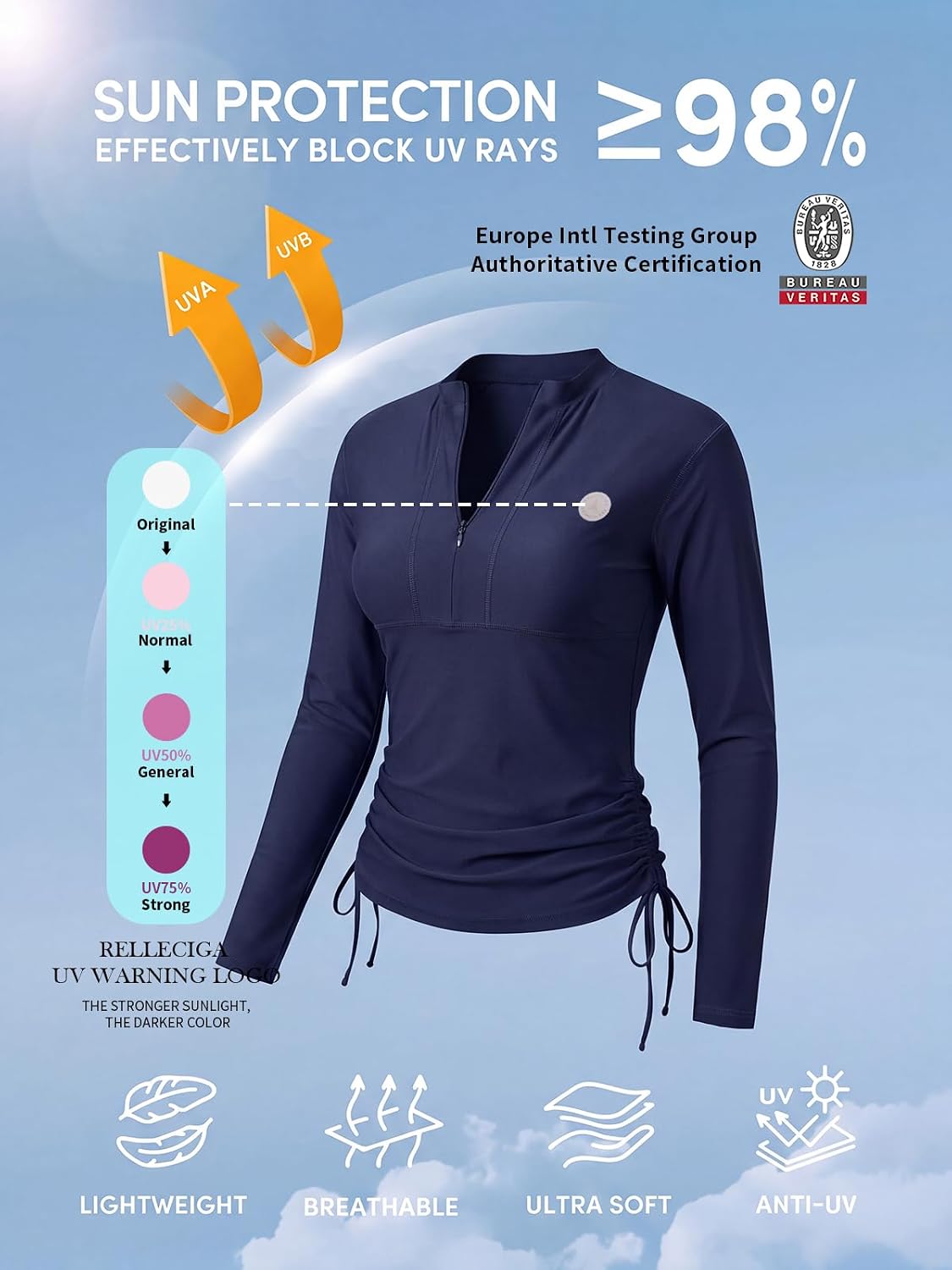 Thumbnail 3 de RELLECIGA Women's Long-Sleeve Rashguard Top, UPF 50+ with Half-Zip