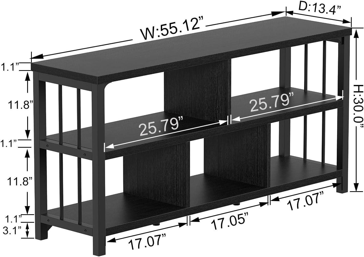 Thumbnail 1 de IBF Libreria industriale nera a 5 cubi, 139,7 cm, bassa e orizzontale in legno e metallo