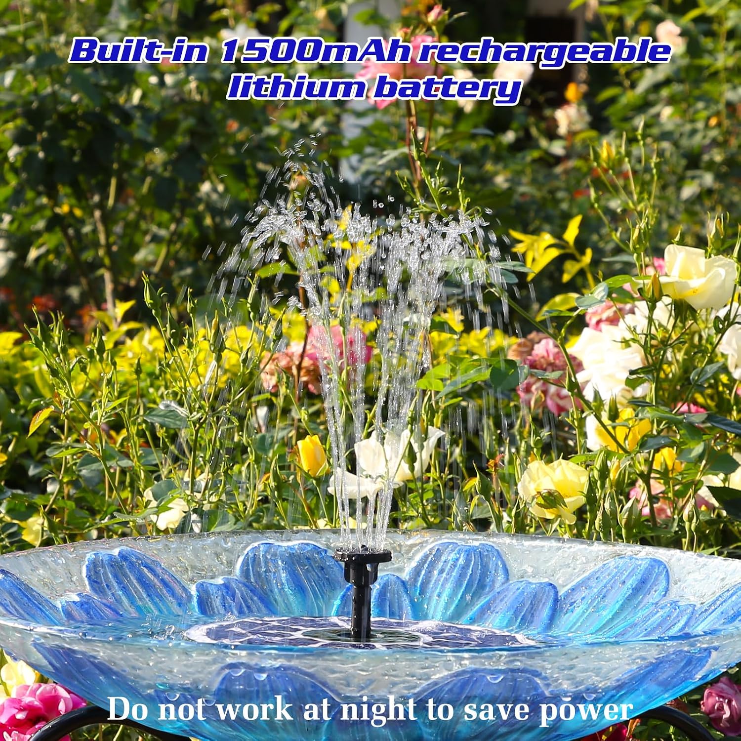 Detalle de AISITIN Solar Water Fountain with 3.5W Glass Panel and 8 Nozzles (Dark Blue) – Battery-Enabled Bird Bath Pump for Small Outdoor Ponds