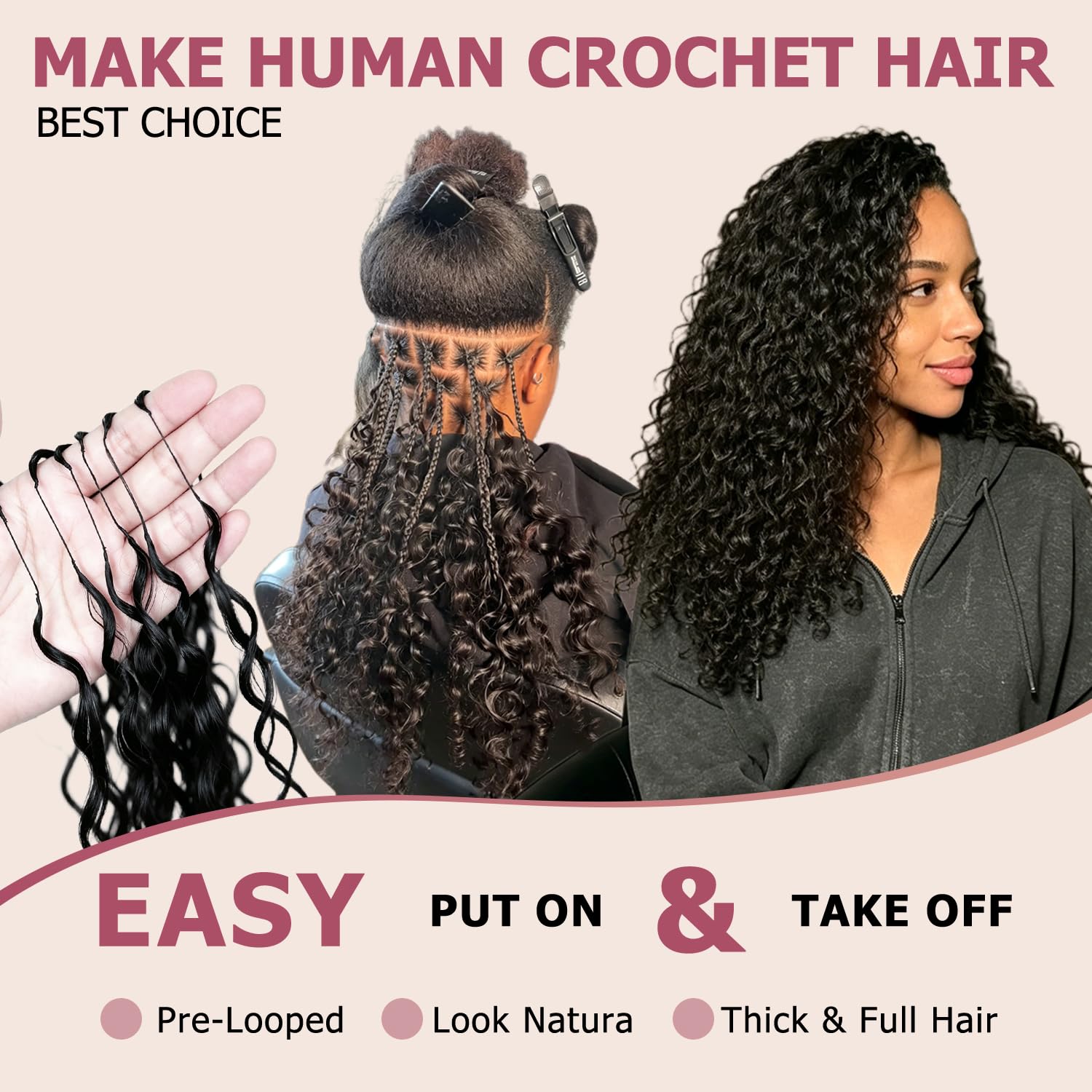 Detalle de Burmese Curly Crochet Human Hair for Black Women, 18 Inch, 125g, 100 Strands Pre-Separated Feather Crochet Hair (Natural Black)