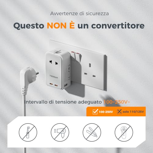 Detalle de TESSAN Adattatore Universale da Viaggio 5 in 1 con 2 USB-C PD 45W e 2 USB-A