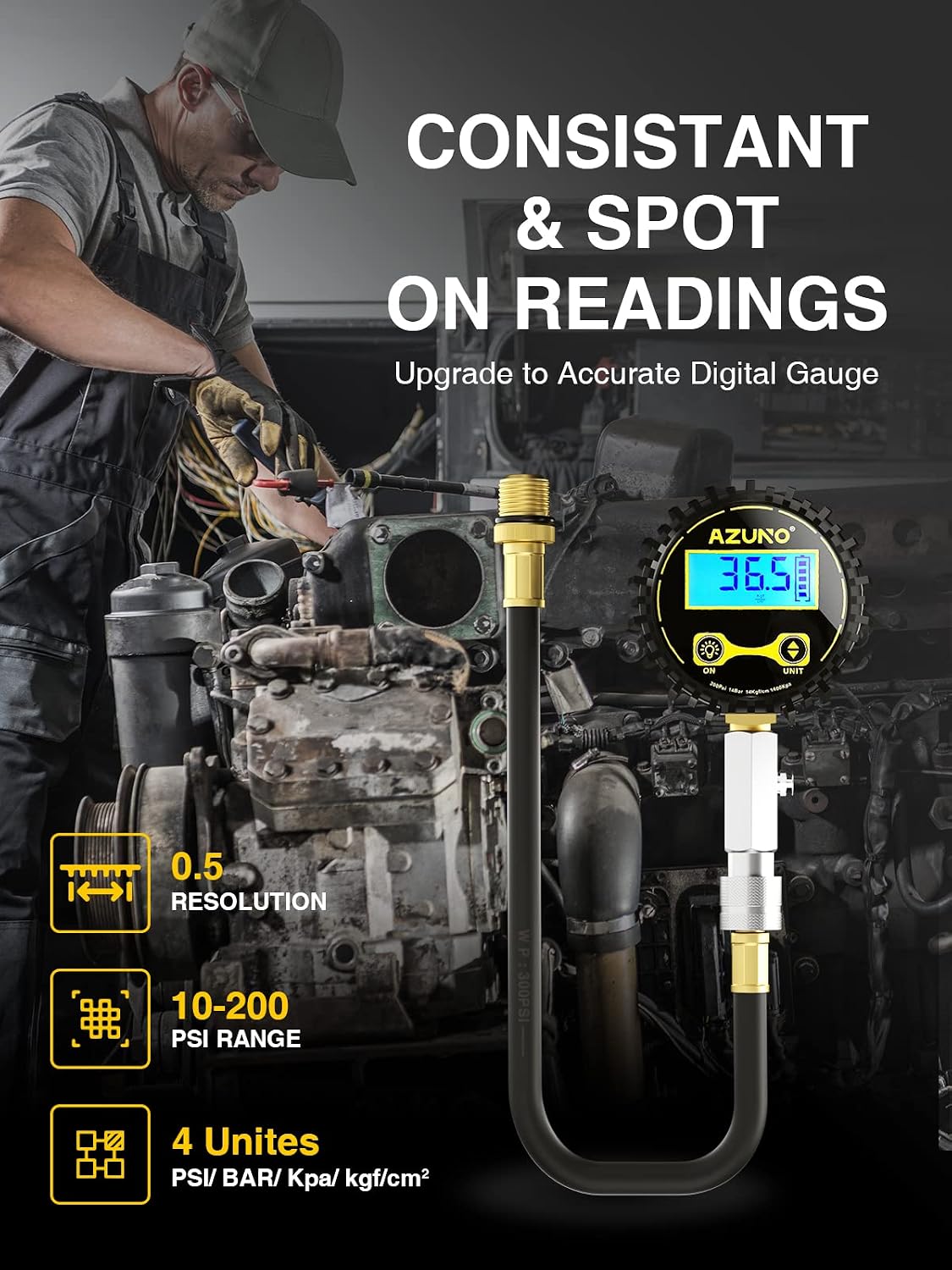 Detalle 2 de AZUNO Digital Compression Gauge, 200 PSI Gasoline Engine Tester Kit