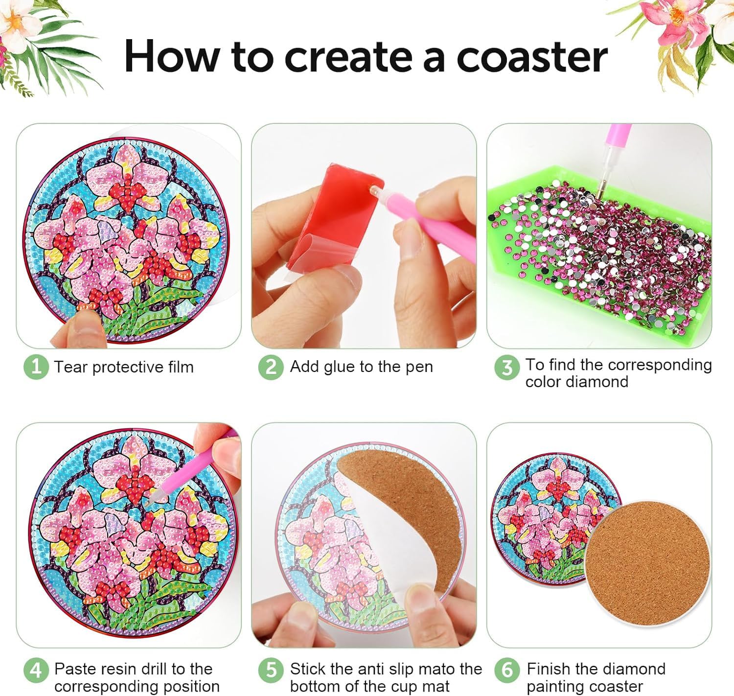 Detalle de croshom 8-Piece Floral Diamond Art Coaster Kit with Acrylic Coasters and Cork Backing