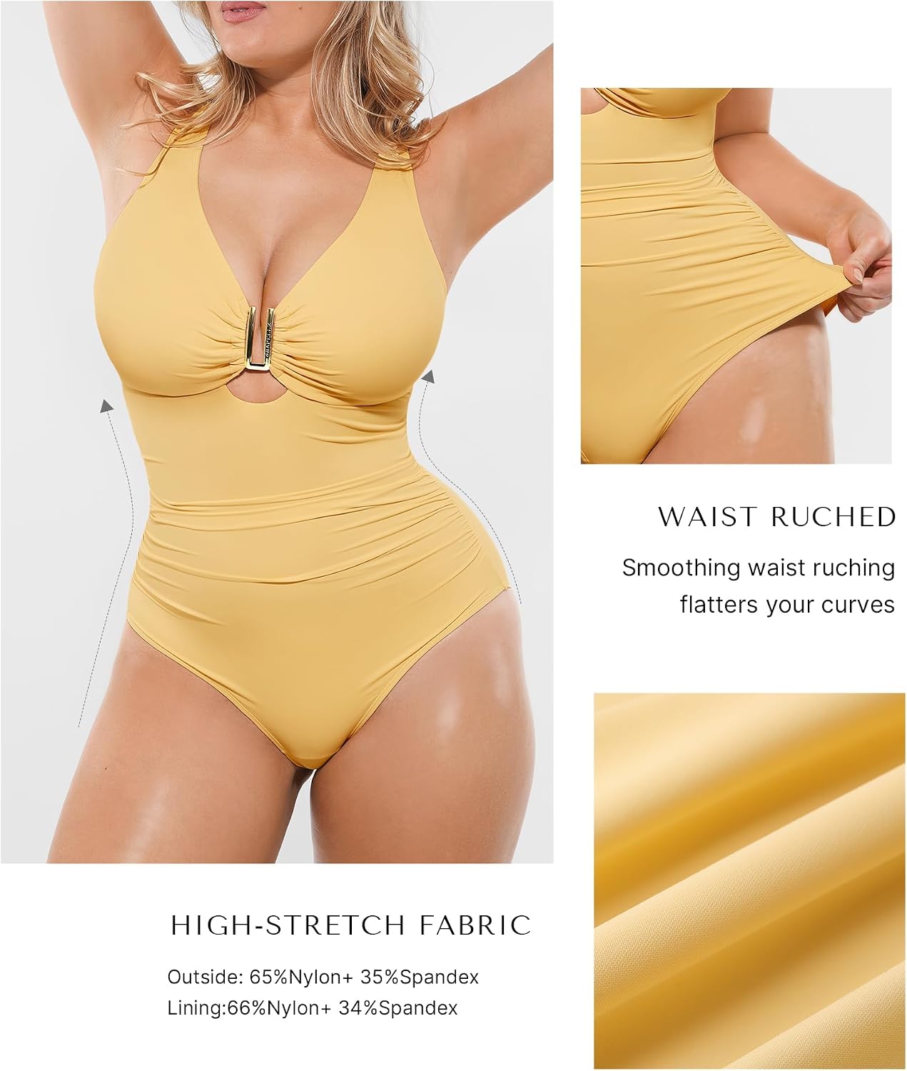 Detalle de SHAPELLX Tummy Control One-Piece Swimsuit with V-Neck, Ruched Shaping and Slimming Power-Manage