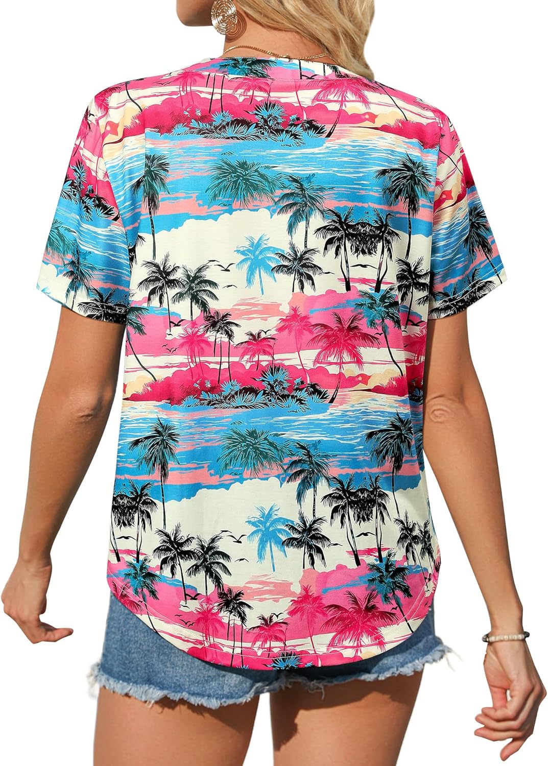 Thumbnail 4 de WIEIYM Women V Neck Pleated Puff Short Sleeve Floral T Shirt – Tropical Printed Blouse Top