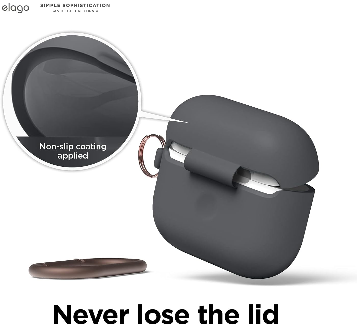 Detalle 2 de elago Coque en silicone avec mousqueton pour AirPods 3 (gris foncé) — protection antichoc et charge sans fil