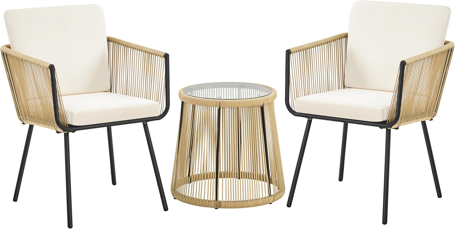 Detalle de Yaheetech 3TLG. Rattan Balkonset – 2-Sitzer Outdoor-Gartenmöbel mit Glas-Tisch